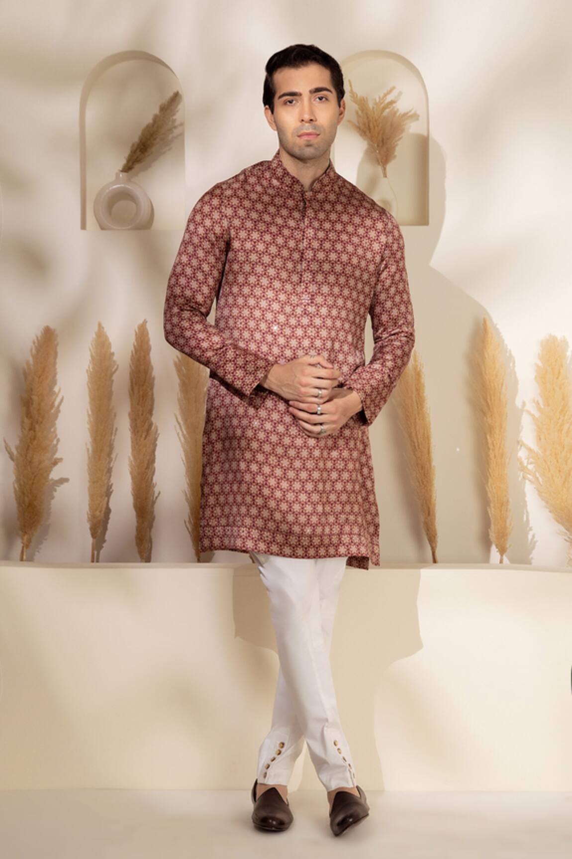 Char Chaand Brown Printed Satin Silk Kurta 