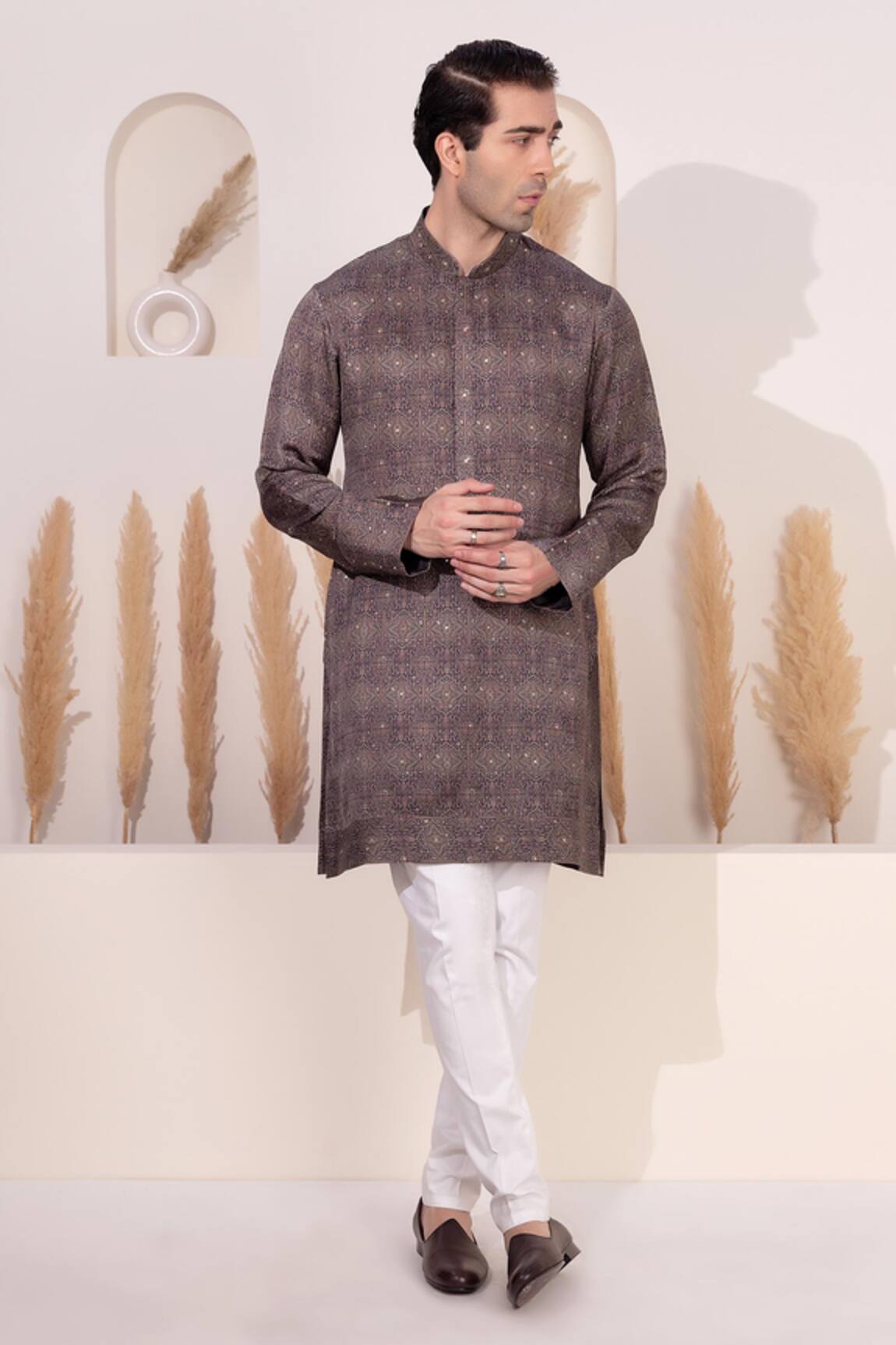 Char Chaand Designer Grey Satin Silk Kurta 
