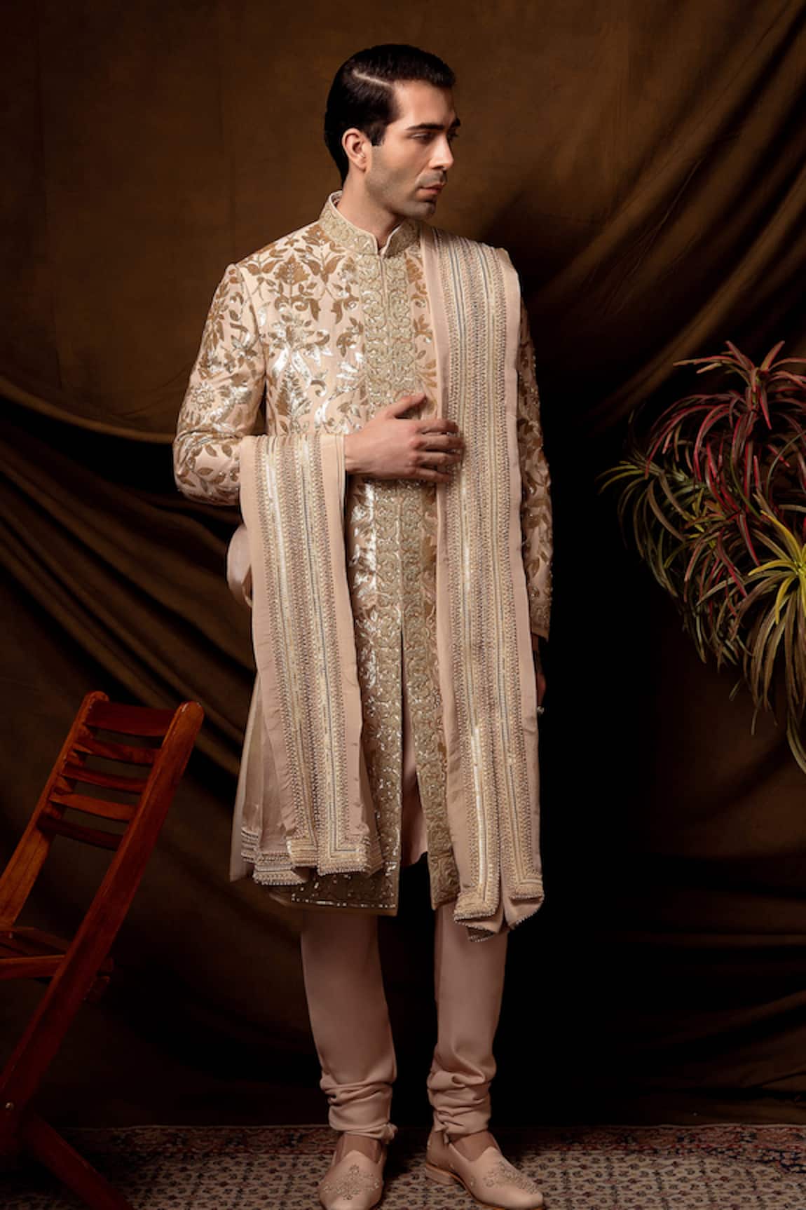 Char Chaand Peach Designer Sherwani Set 