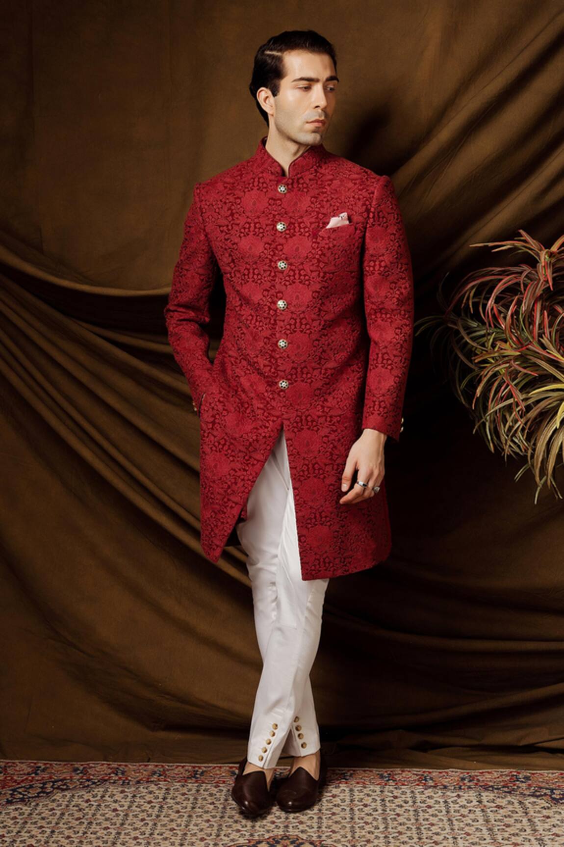 Char Chaand Wine Jacquard Designer Sherwani 