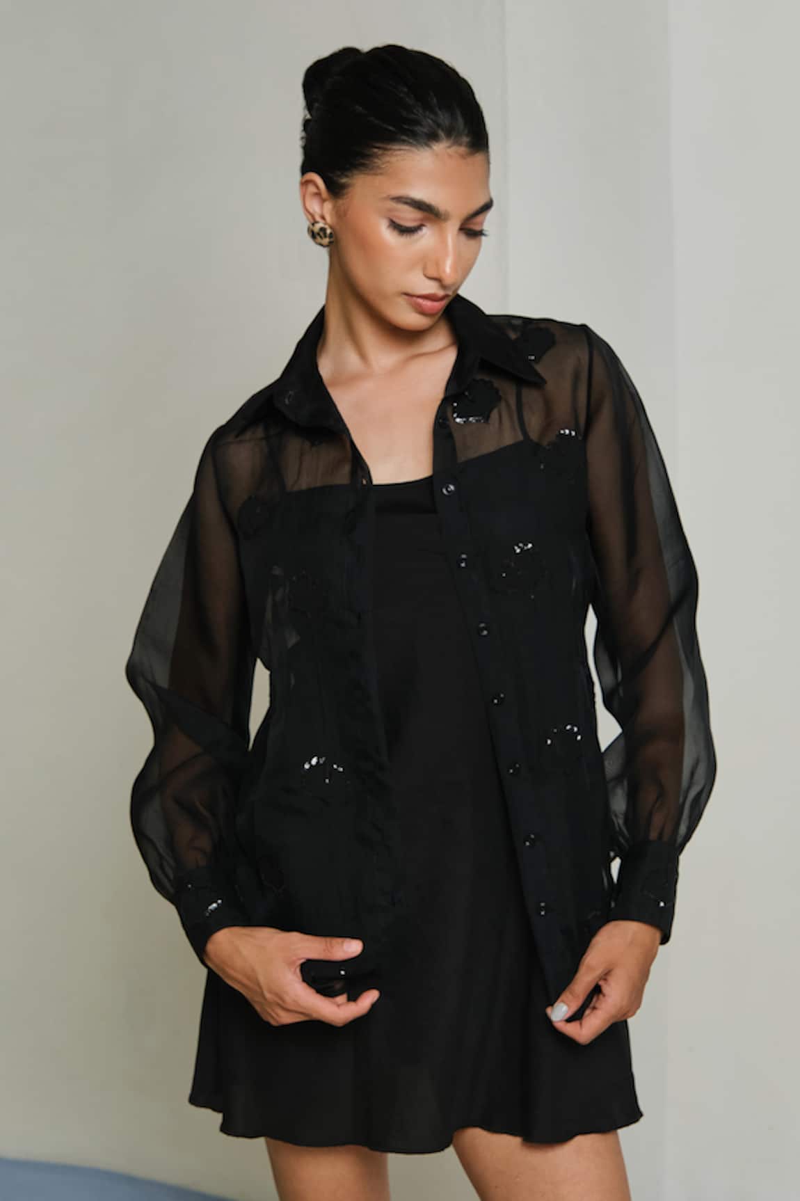 Shimona Black Silk Organza Sea Weed Shirt