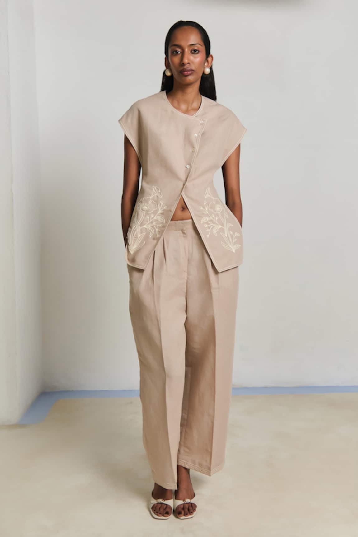 Shimona Beige Linen Embroidered Top & Pant Set 
