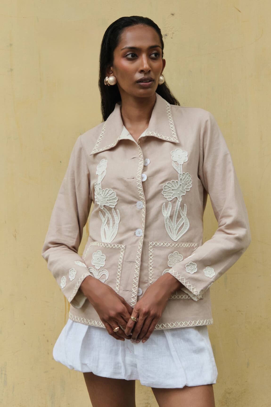 Shimona Beige Linen Embroidered Shirt 
