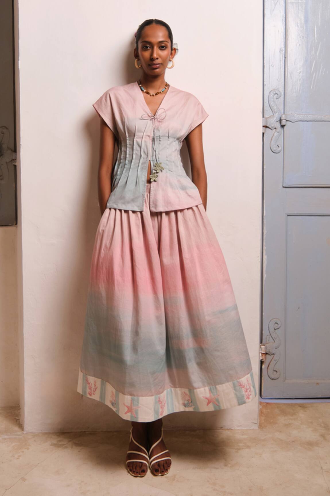 Shimona Ocean Mist Cotton Satin Skirt 