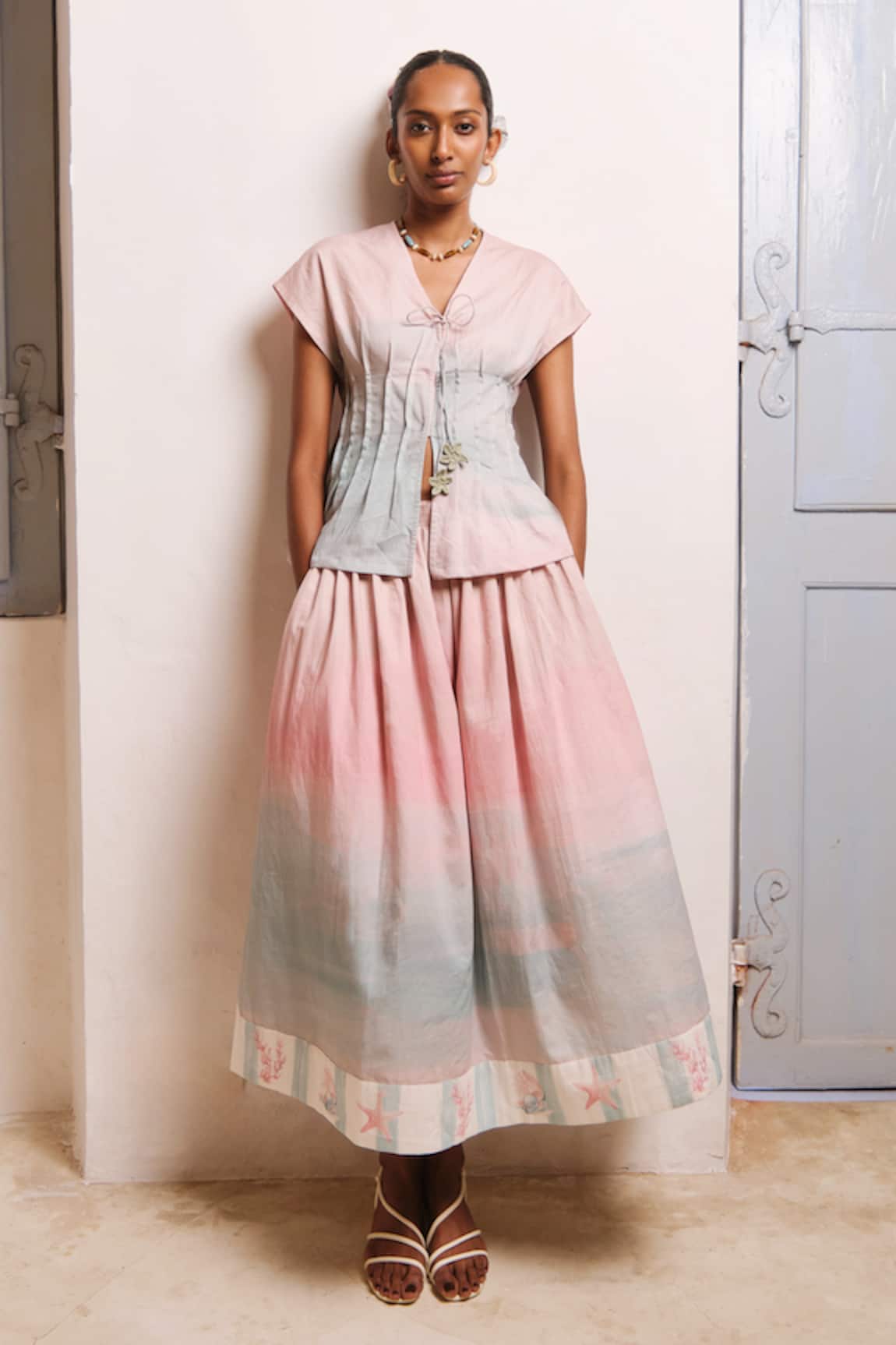 Shimona Ocean Mist Cotton Satin Skirt Set 