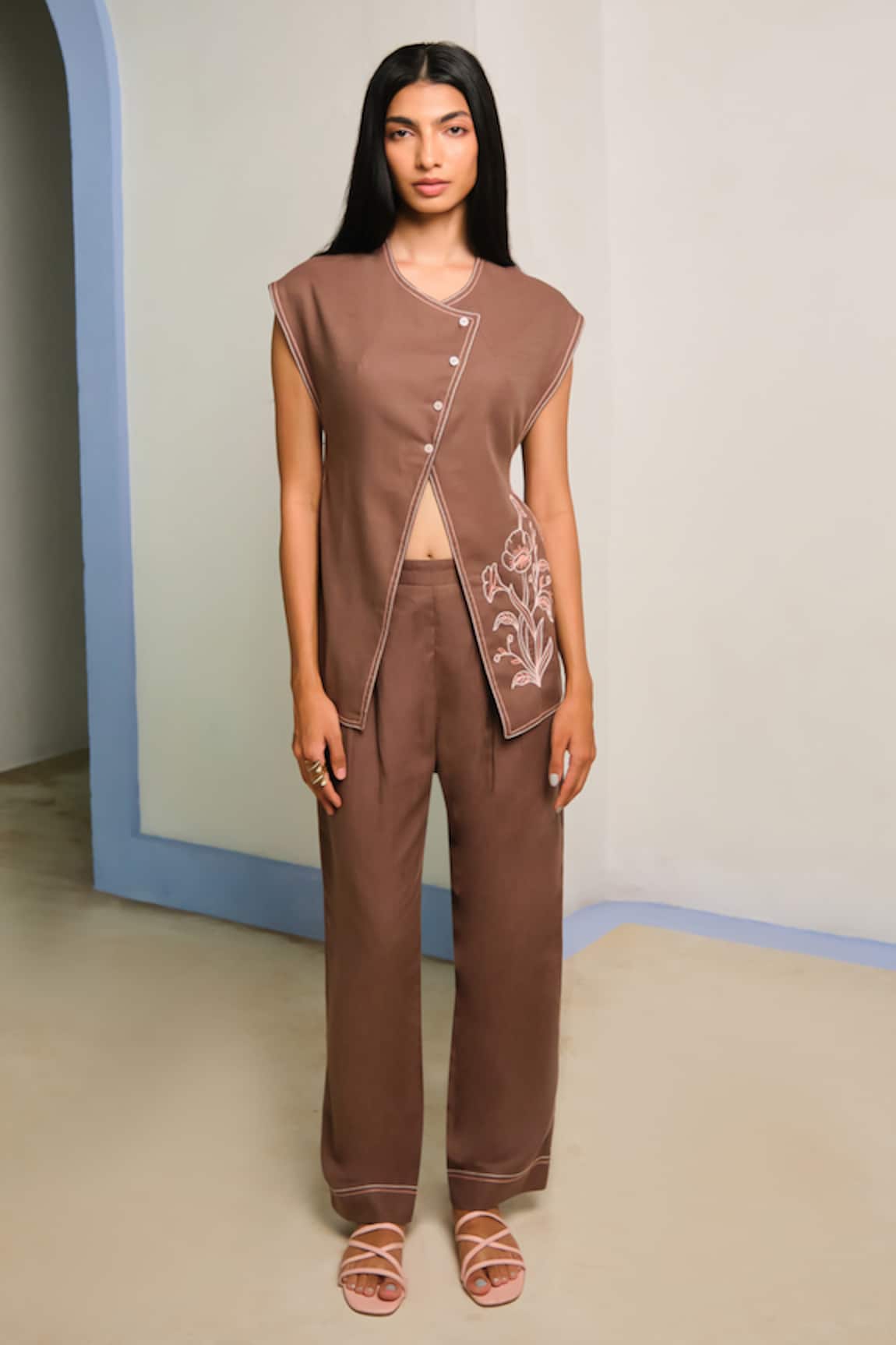 Shimona Brown Cotton Linen Matching Set 