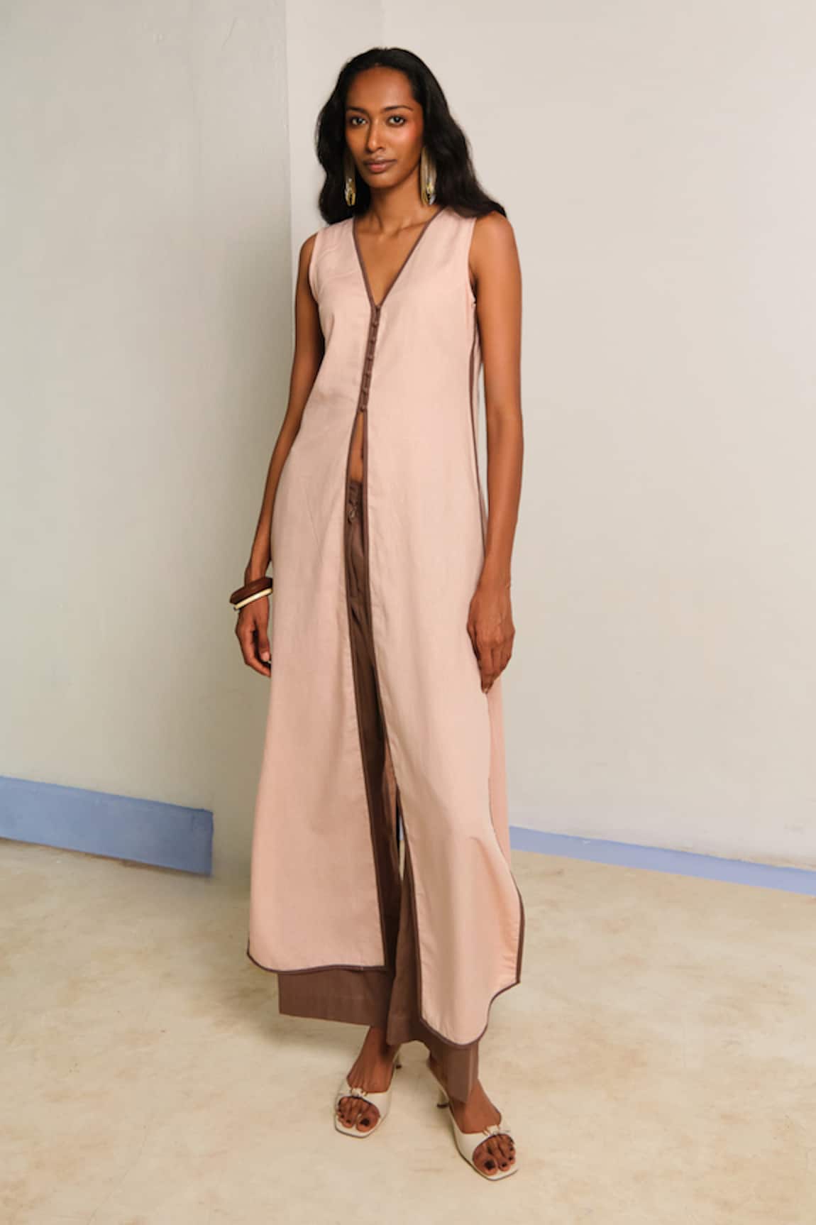 Shimona Pink & Brown Cotton Linen Tunic & Pant Set 