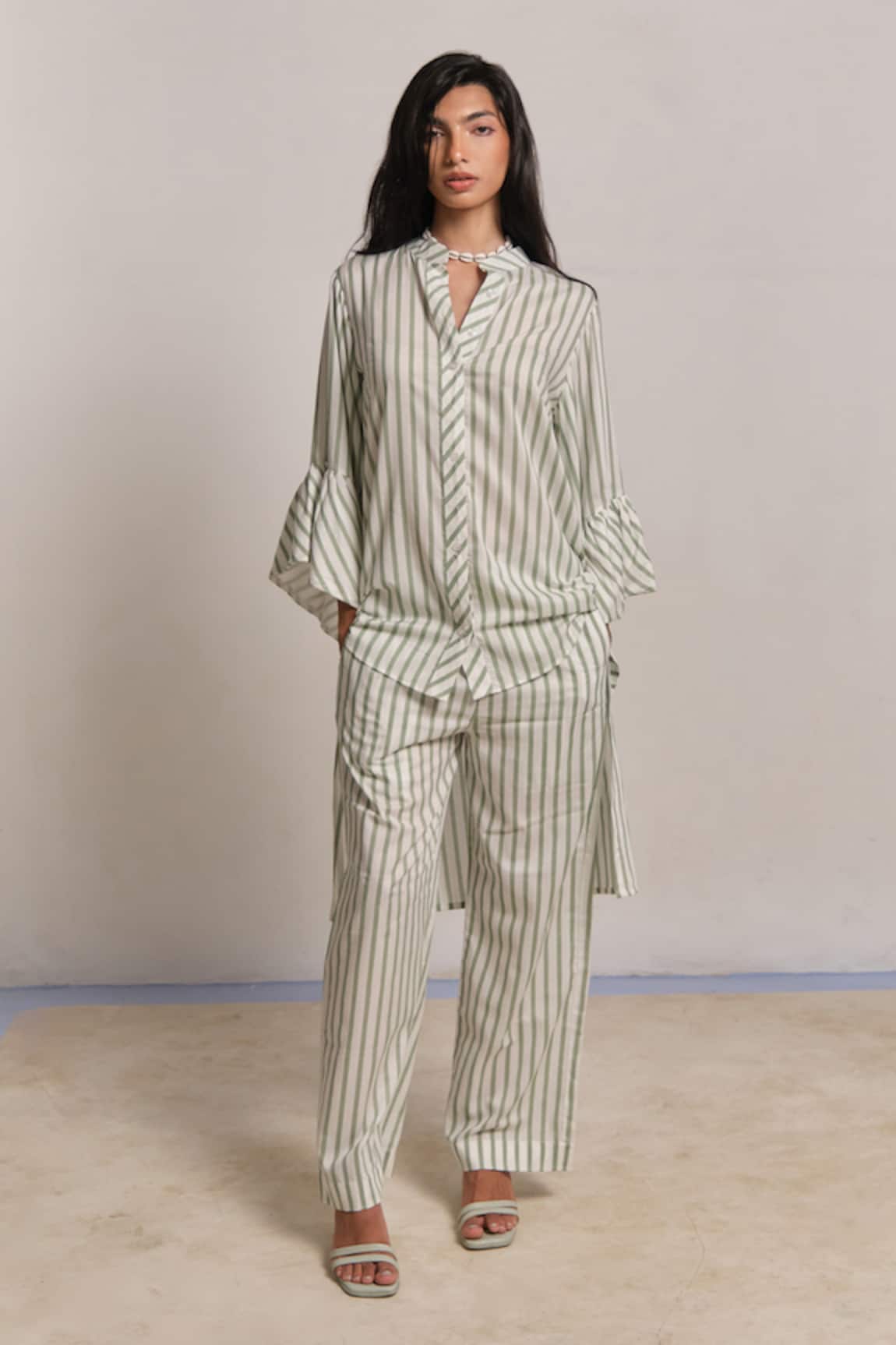 Shimona Green Striped Modal Satin Co-Ord Set 