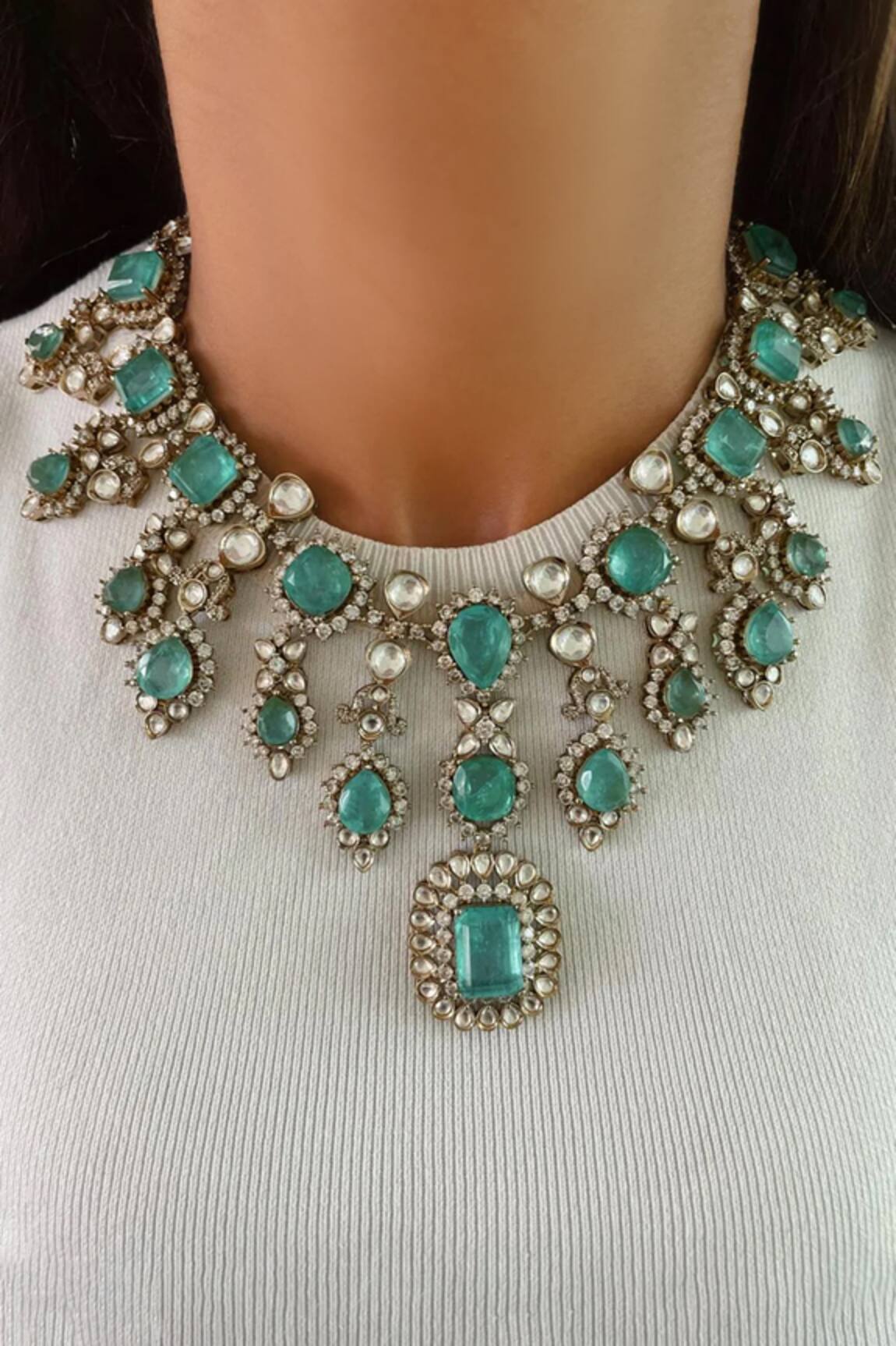 Prerto Emerald Kundan Polki Necklace Set 