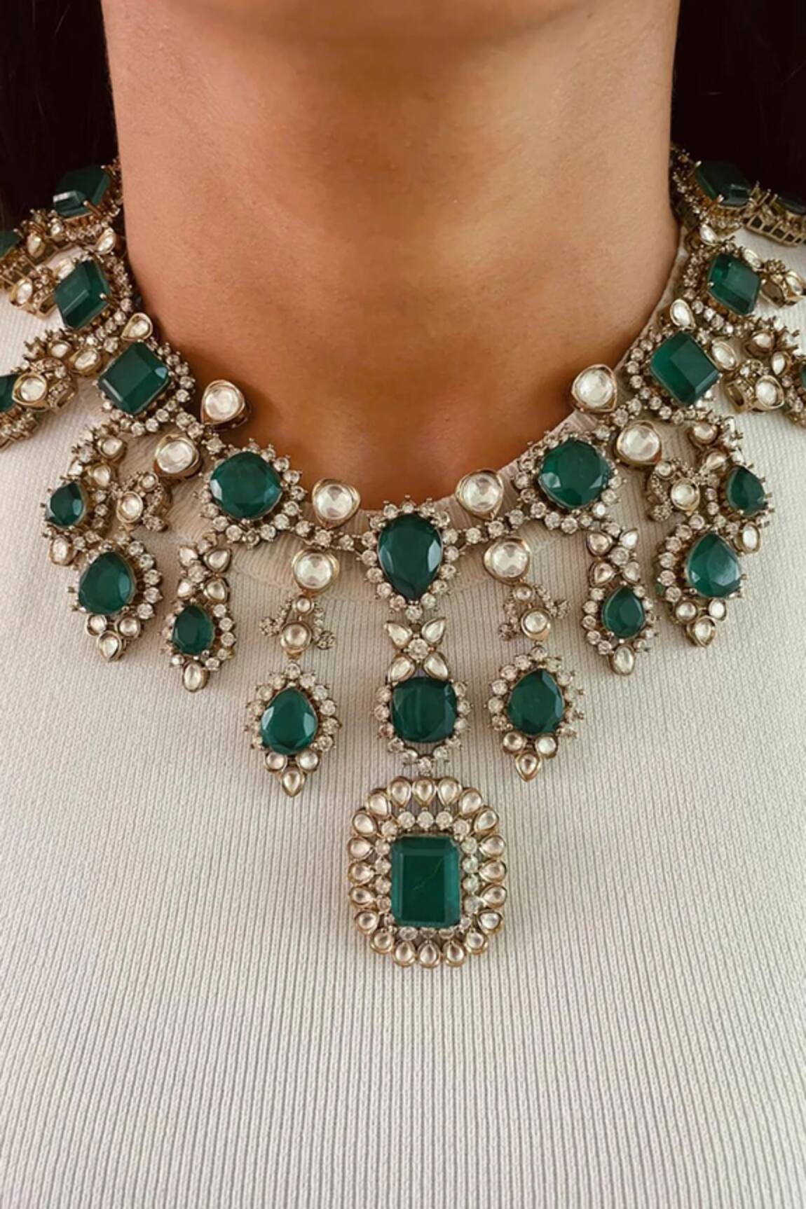 Prerto Emerald Kundan Polki Necklace Set 