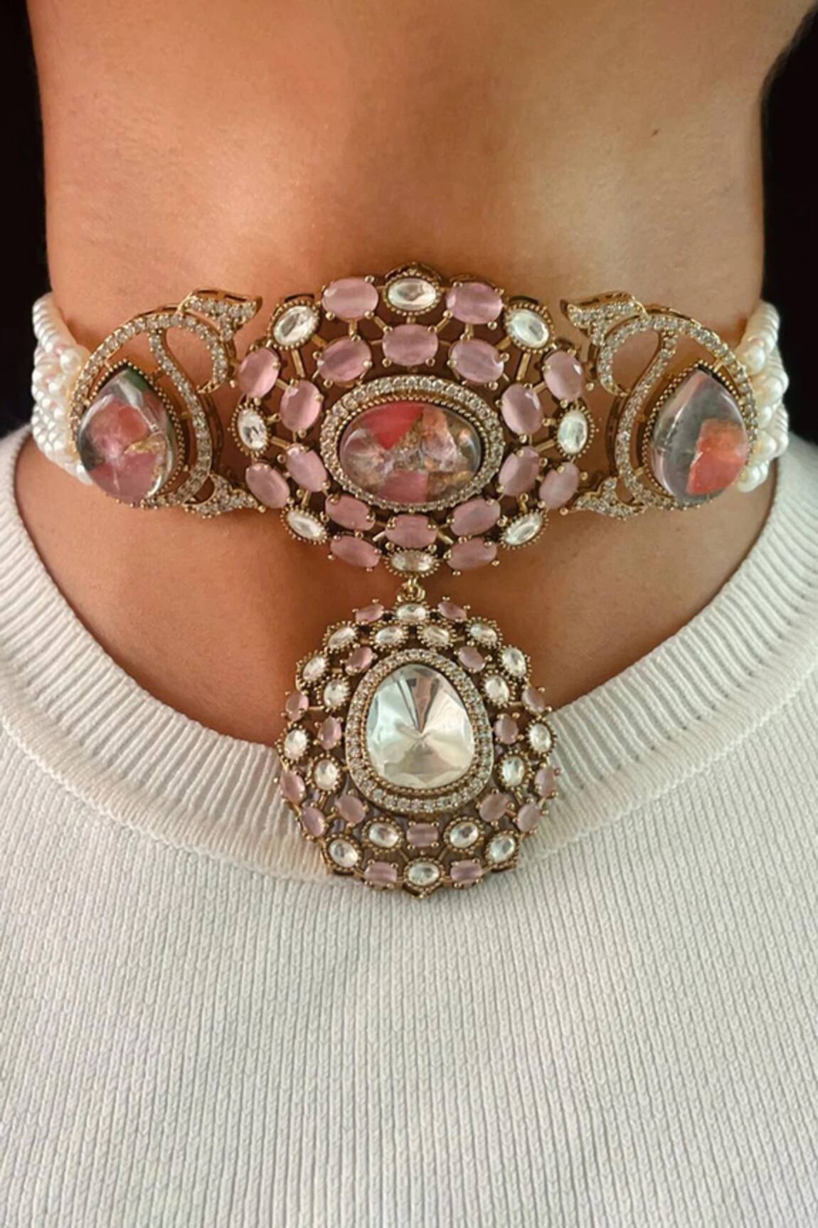 Prerto Kodki Pink Marble Kundan Necklace Set 