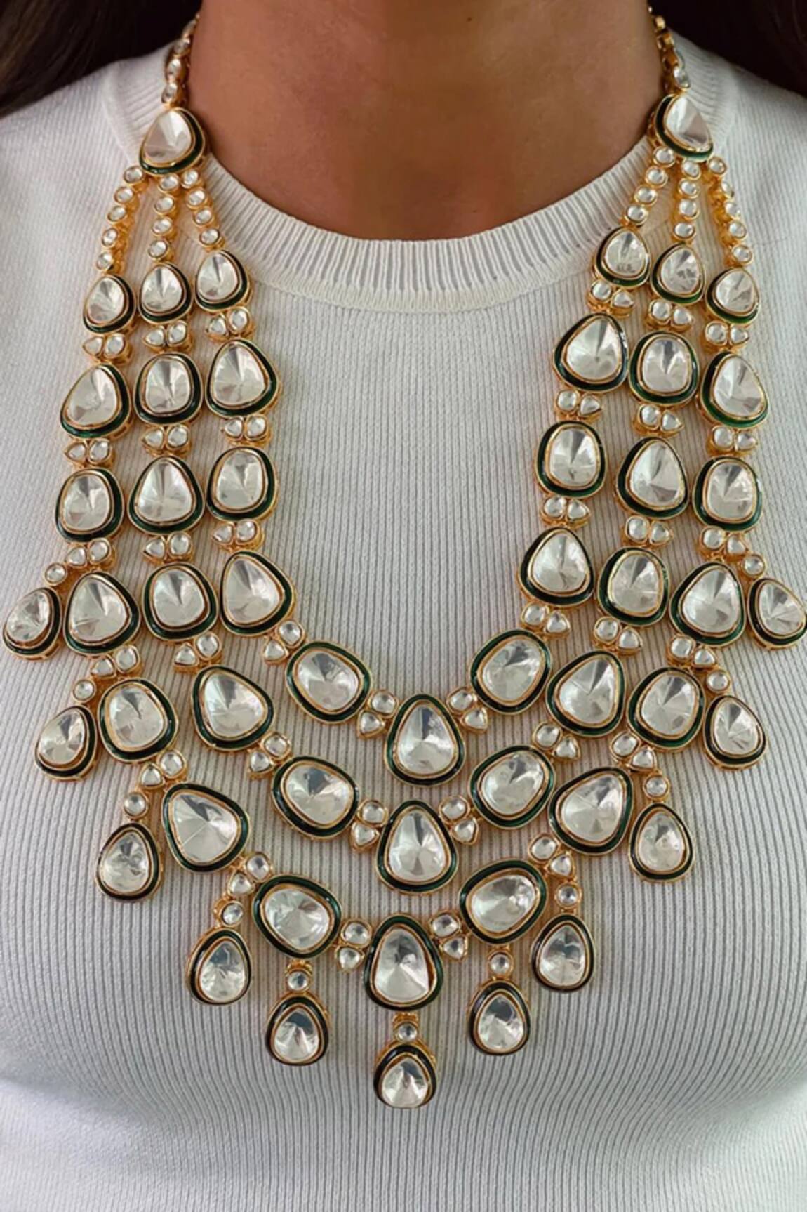 Prerto Emerald 3 Layer Kundan Polki Necklace Set 