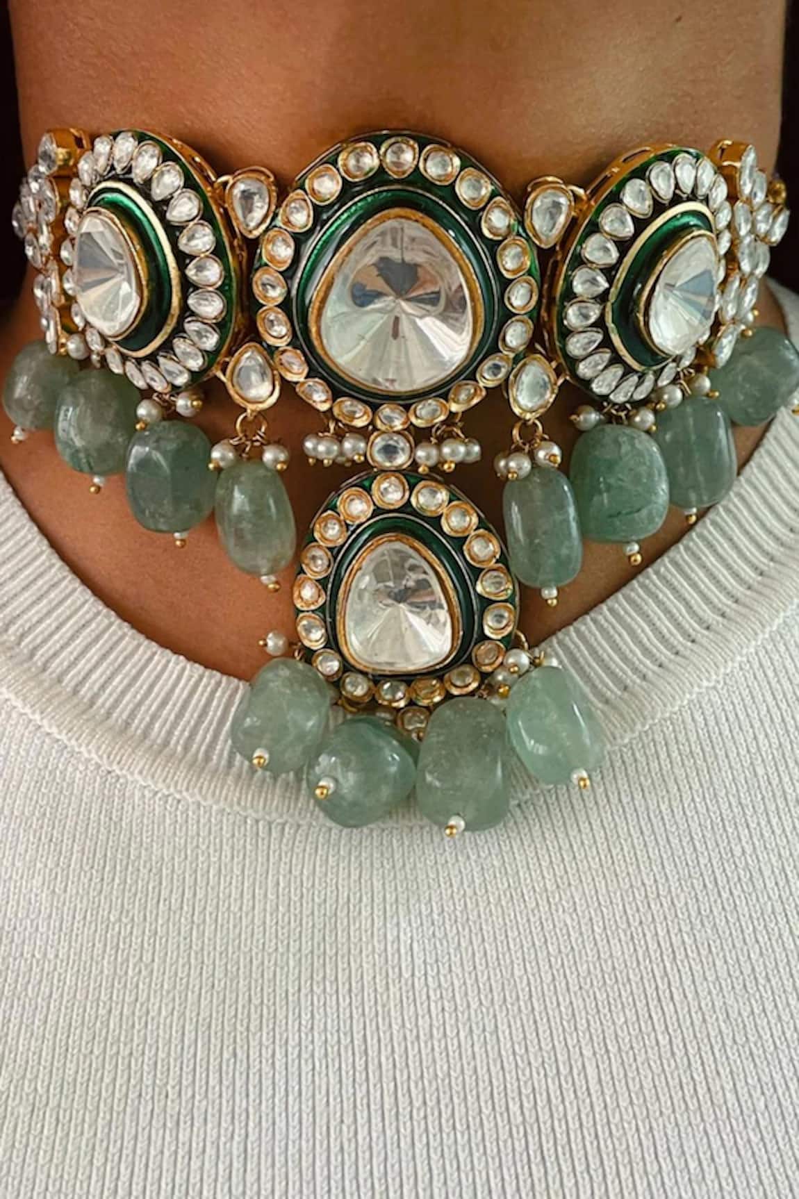 Prerto Emerald Drops Kundan Polki Necklace Set 