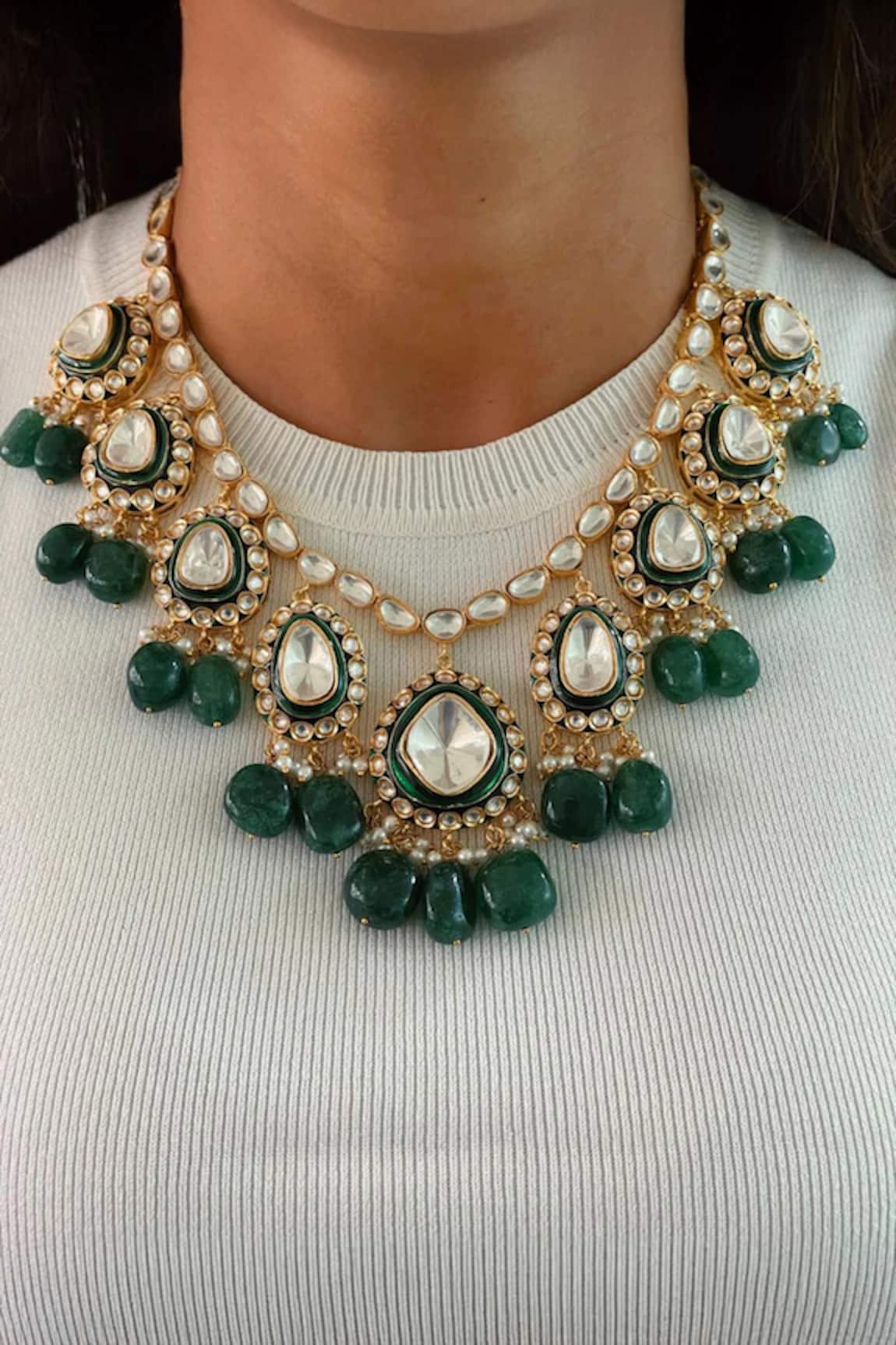 Prerto Emerald Kundan Polki Necklace Set 