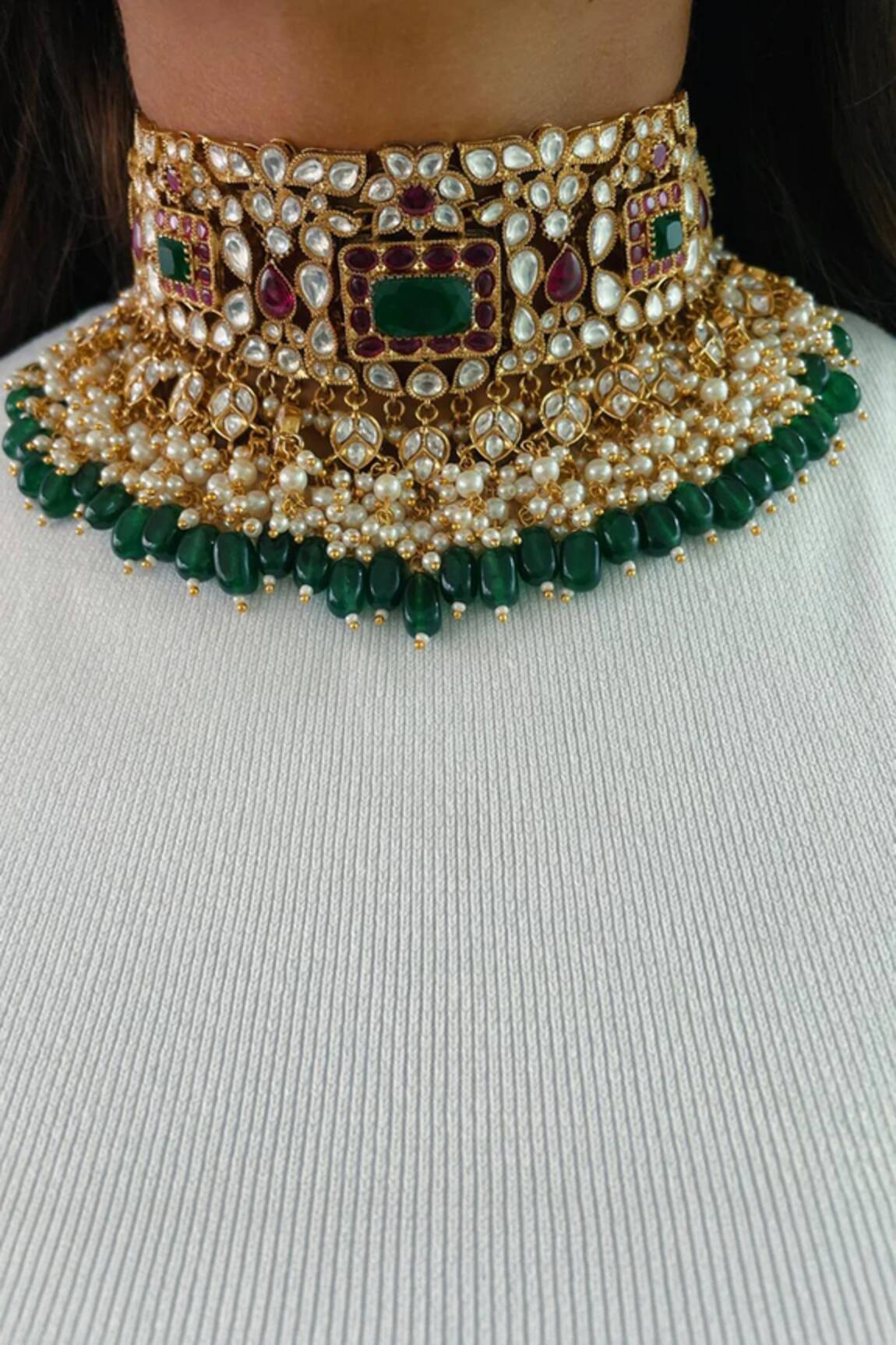 Prerto Kashi Golden Kundan Emerald Drops Necklace Set 