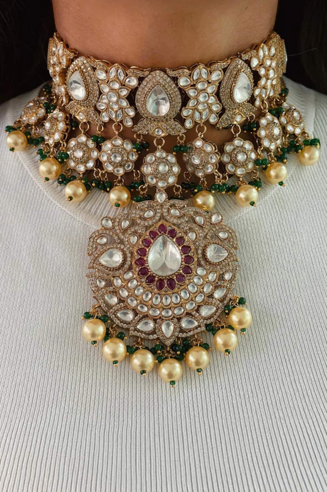 Prerto Emerald Kundan Polki Necklace Set 