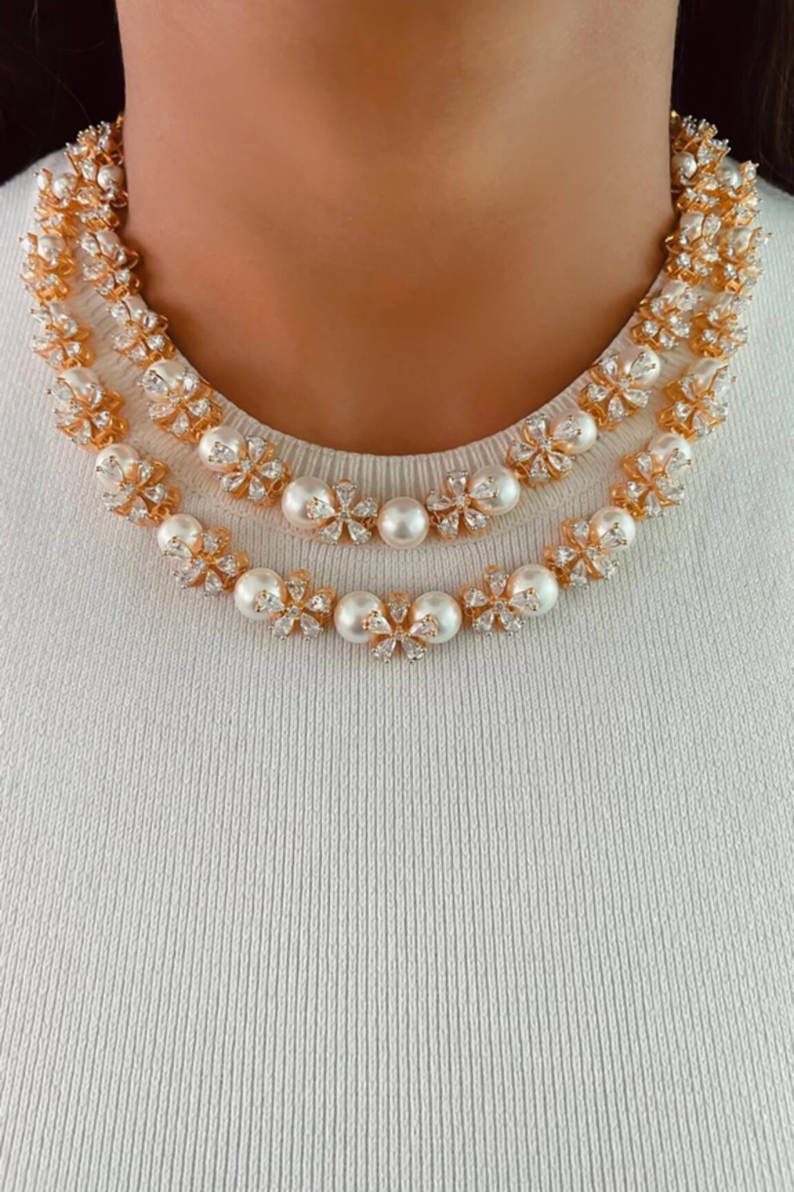 Prerto Dual Pearl Floret Necklace Set 