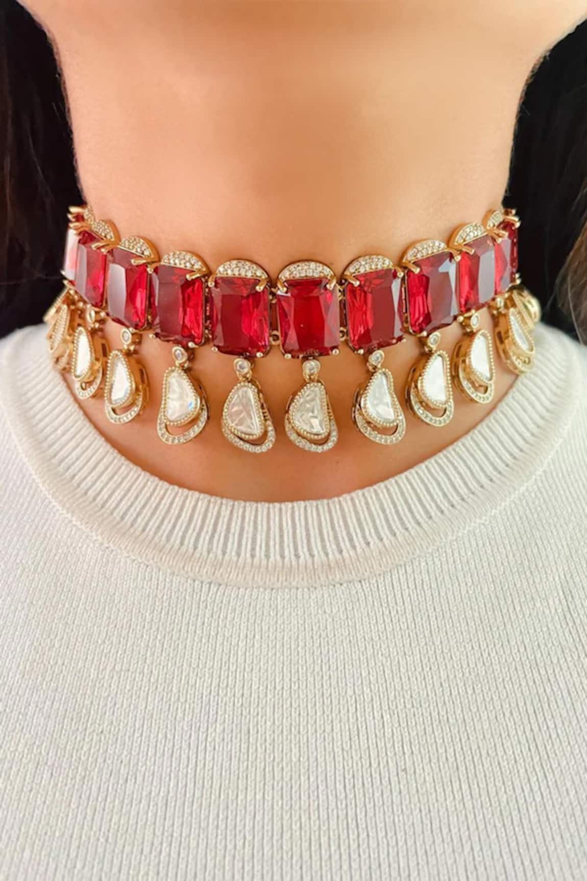 Prerto Ruby Polki Drop Diamond Necklace Set 
