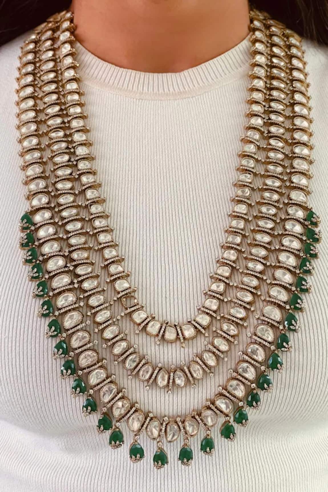 Prerto Camellia Polki Emerald Drops Necklace Set 