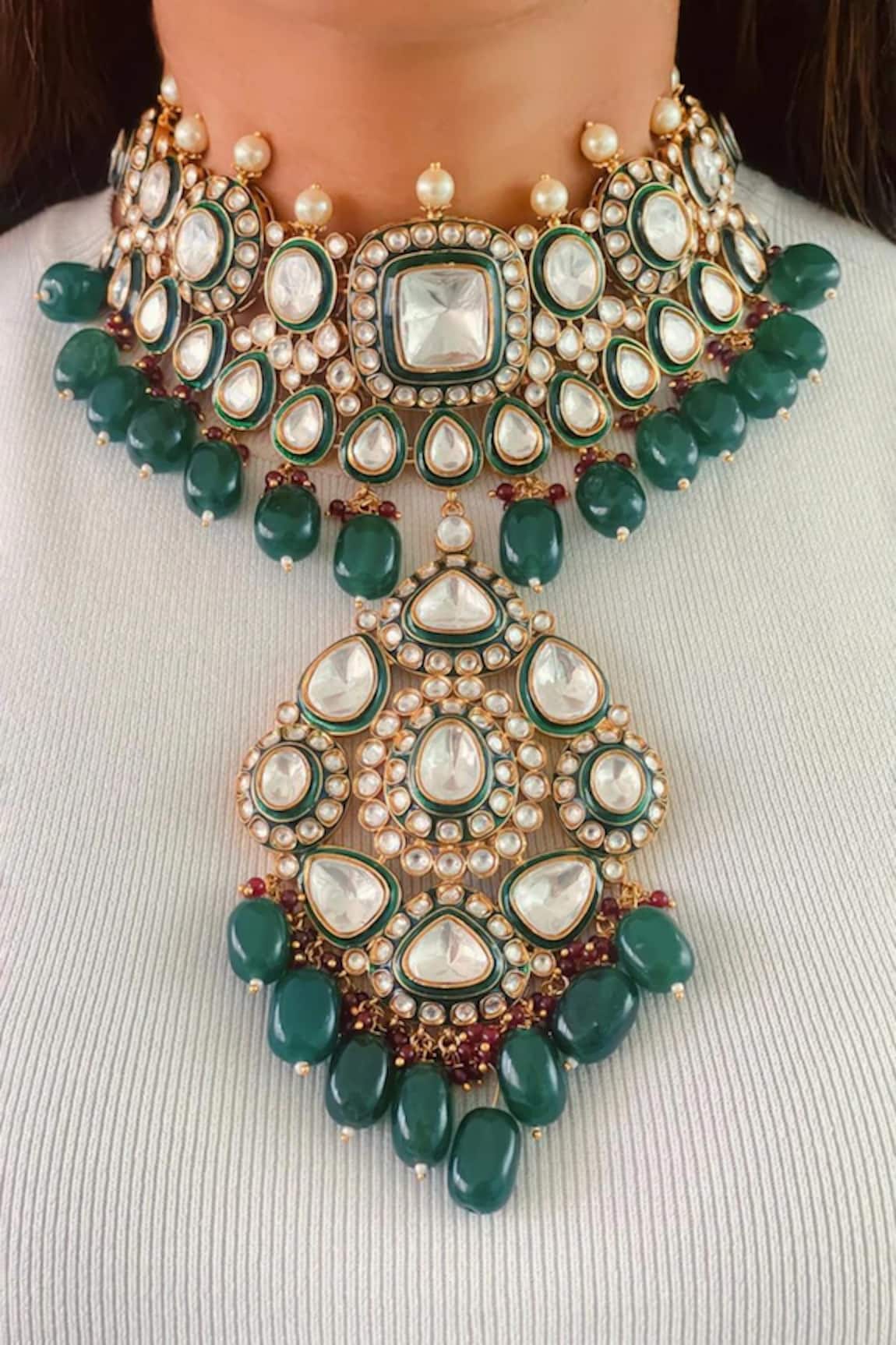 Prerto Vine Emerald Drops Kundan Necklace Set 