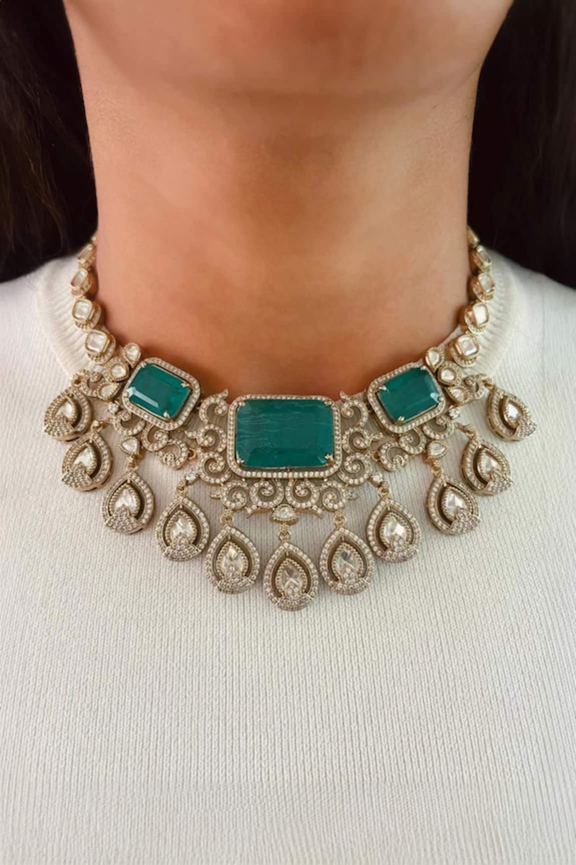 Prerto Emerald Kundan Drops Necklace Set 