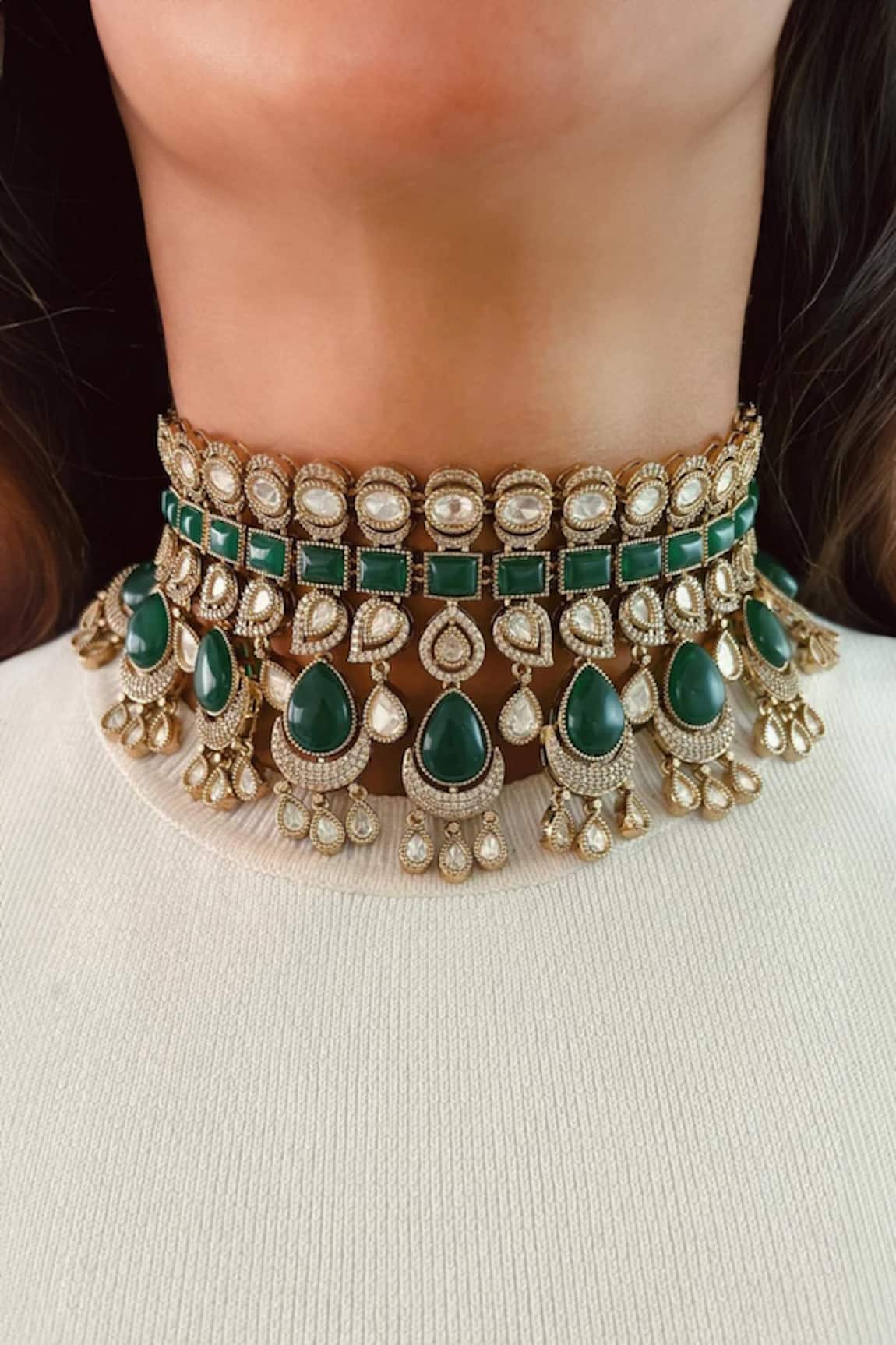 Prerto Emerald Polki Kundan Pearl Drop Set 