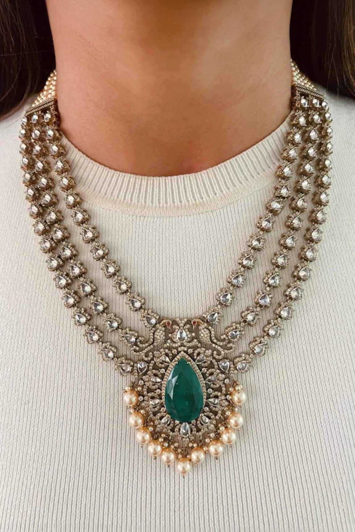 Prerto Emerald Kundan Pearl Drop Necklace Set 