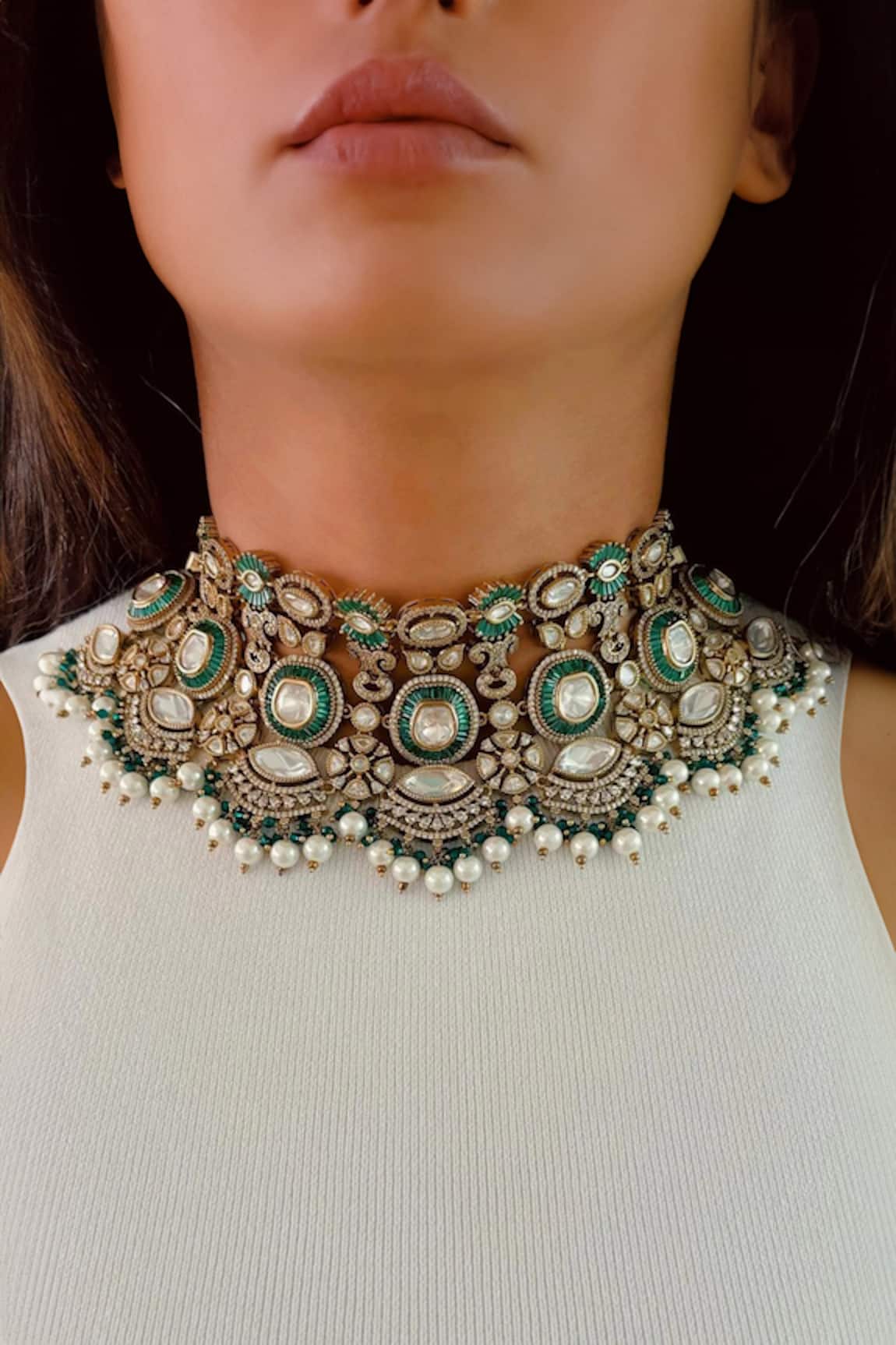 Prerto Emerald Pearl Polki Kundan Necklace Set 