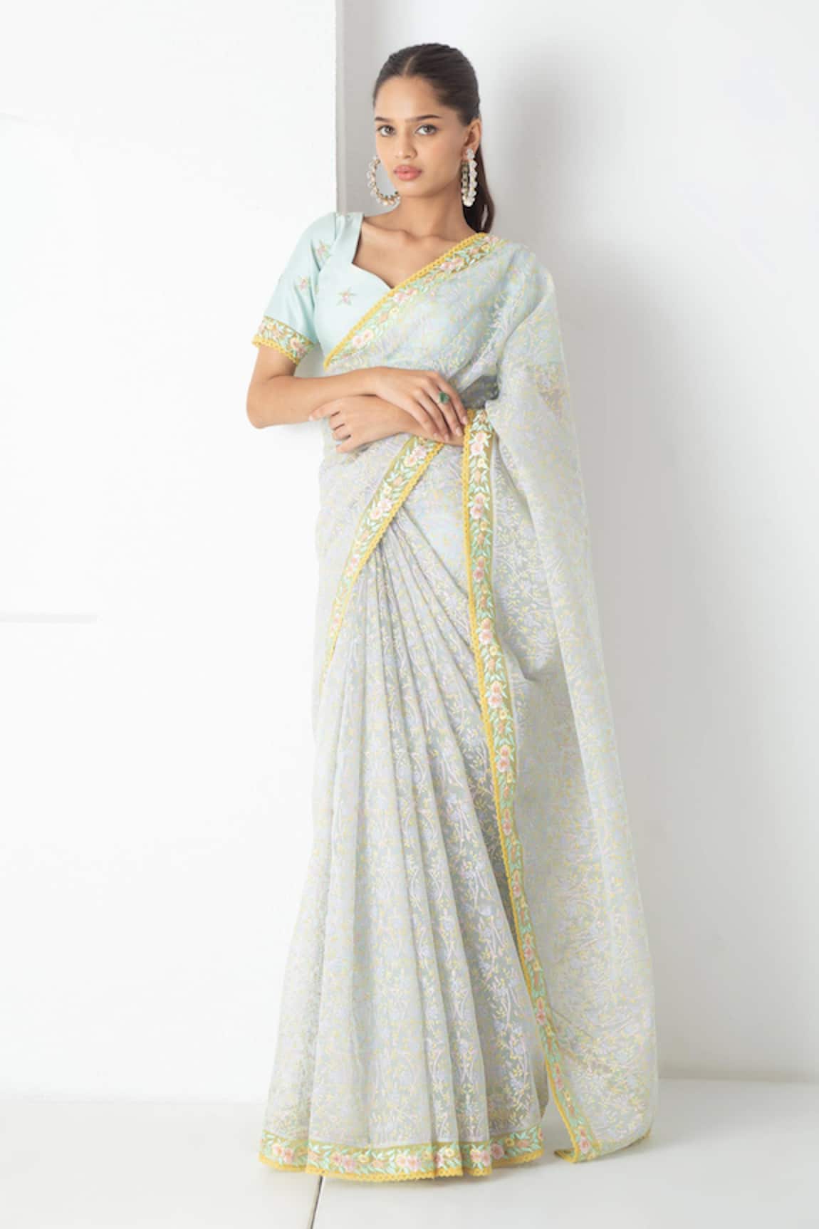 Chhaya Mehrotra Aqua Chanderi & Chiffon Saree Set 