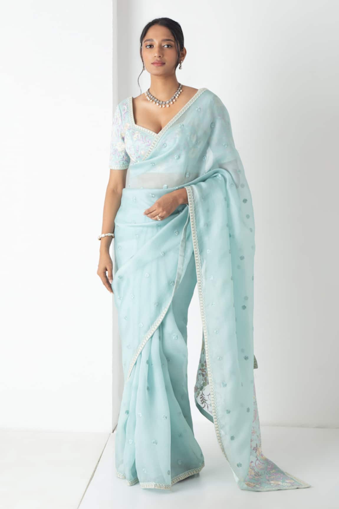 Chhaya Mehrotra Baby Blue Chanderi Saree With Stitched Blouse 