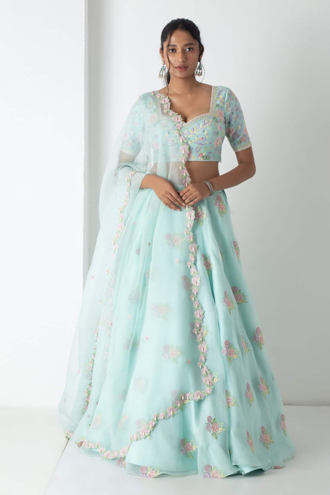 Chhaya Mehrotra Aqua Floral Embroidered Lehenga Set 
