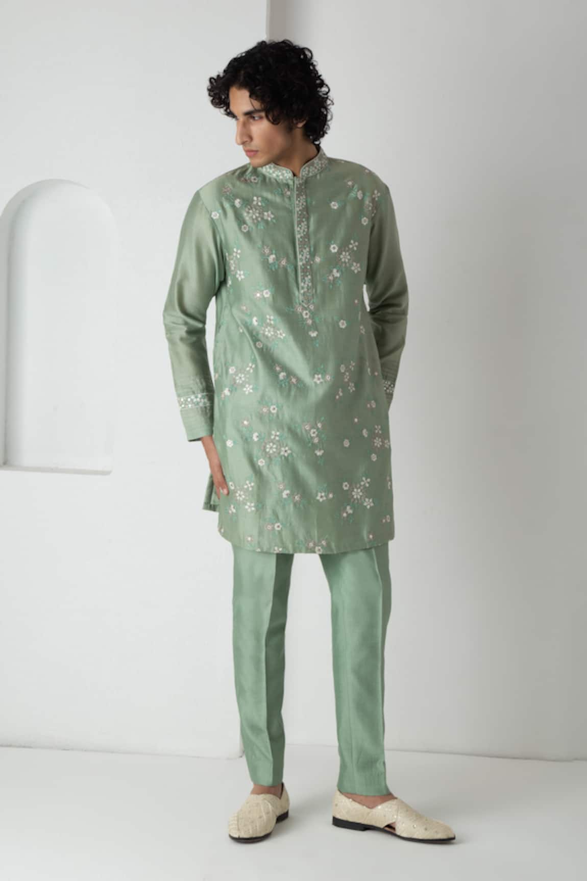 Chhaya Mehrotra Sage Green Mirror Embroidered Kurta Set 