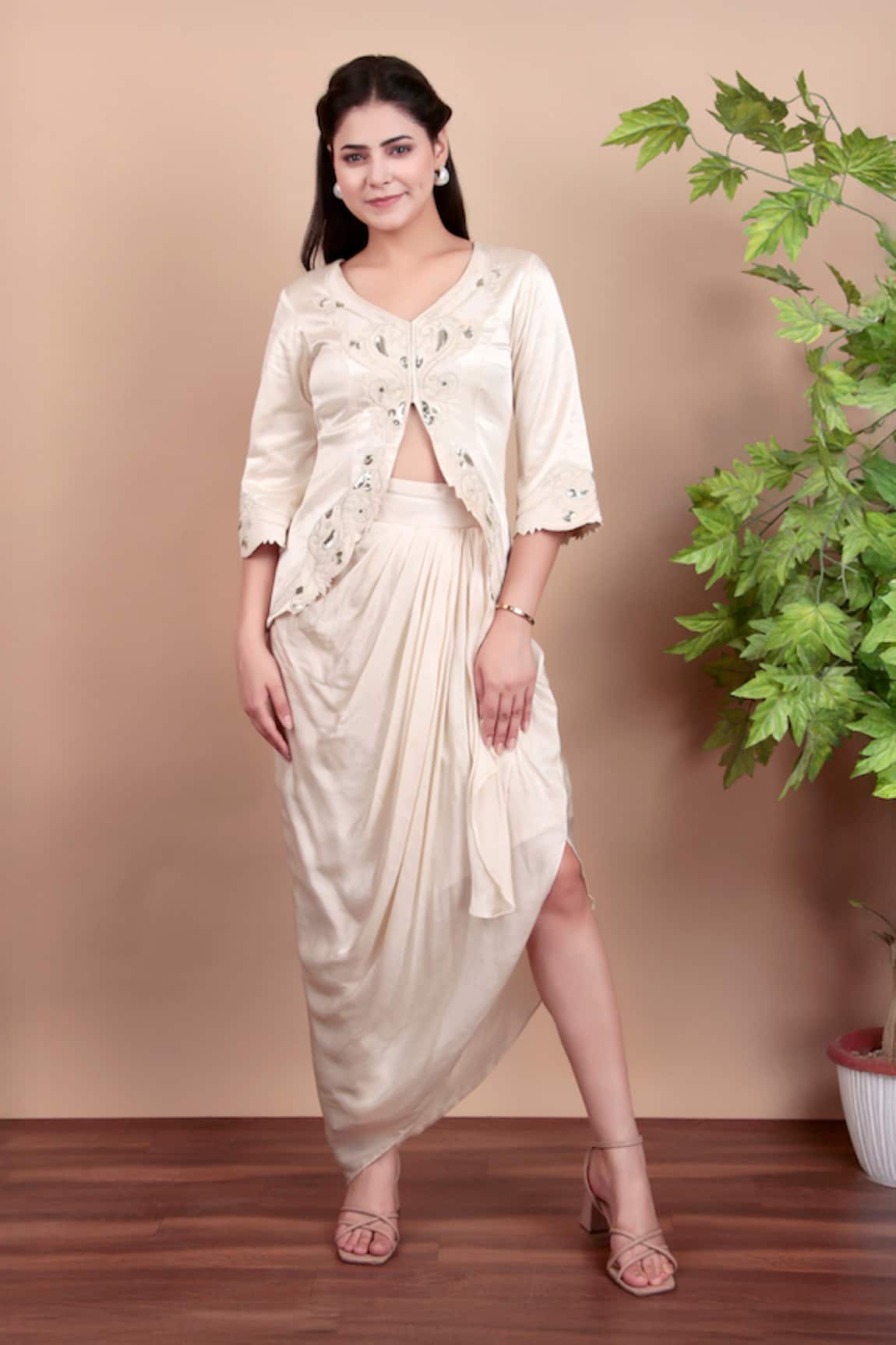 Nidhi Kejriwal Embroidered Off White Jacket & Draped Skirt 