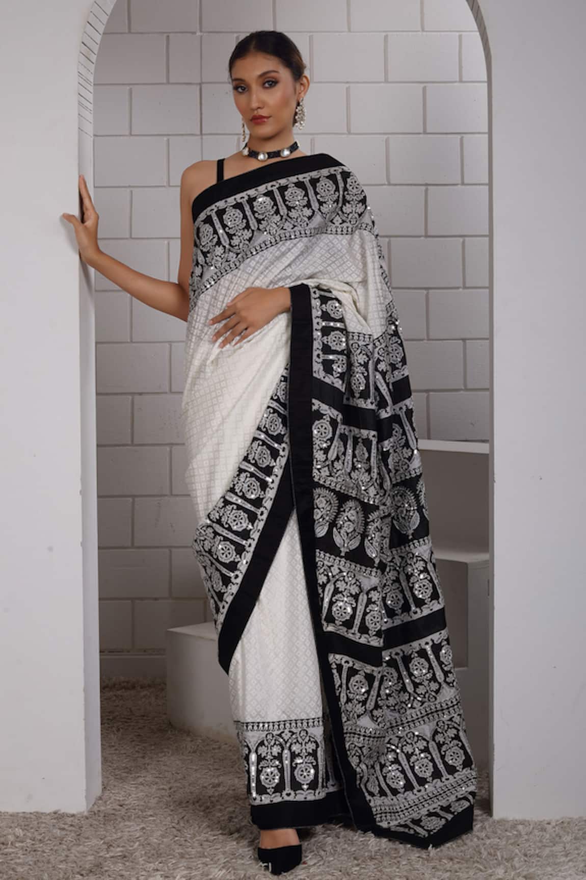 Anita Kanwal Black & White Designer Saree & Unstitched Blouse Piece Set 