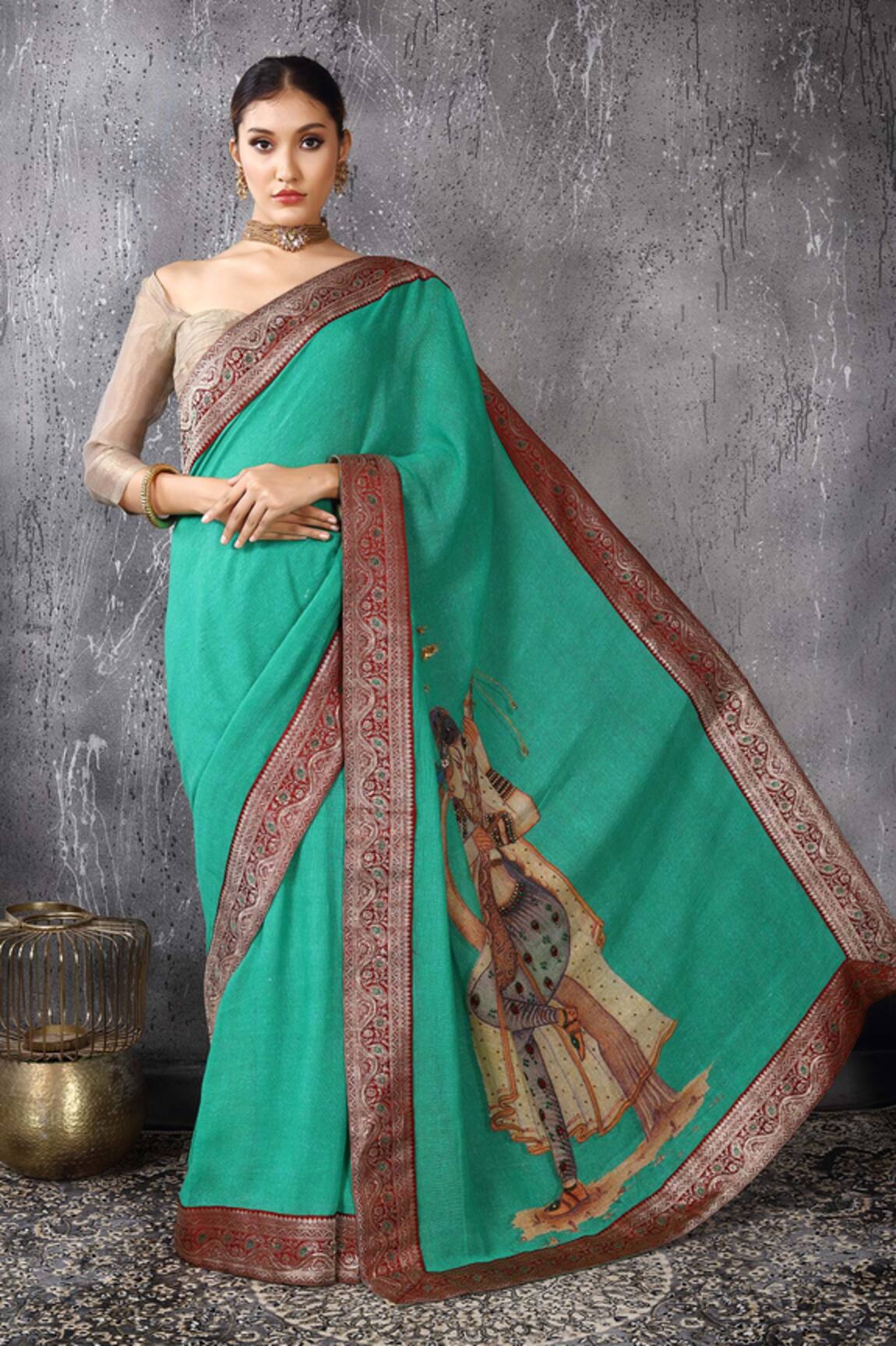 Anita Kanwal Green Handloom Jute Saree With Unstitched Blouse Piece Set 