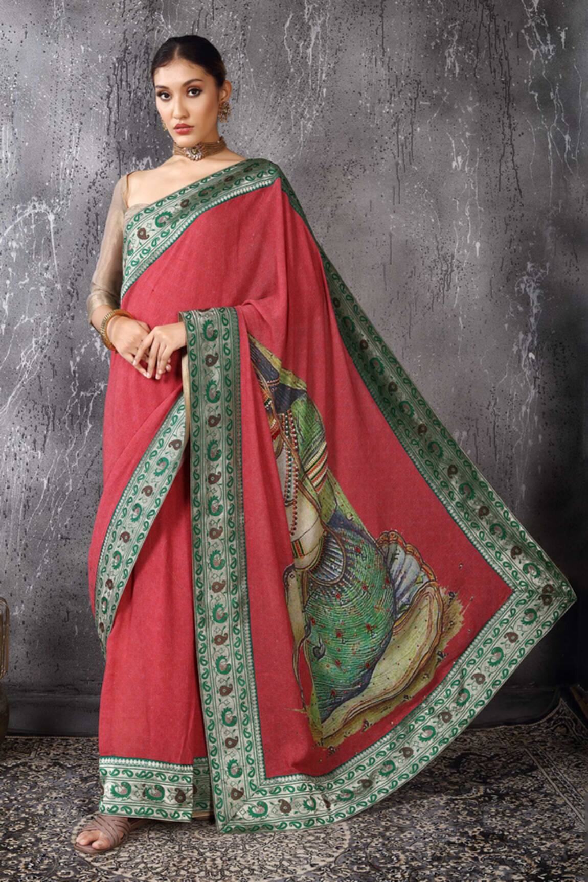 Anita Kanwal Brick Red Handloom Jute Saree & Unstitched Blouse Piece Set 