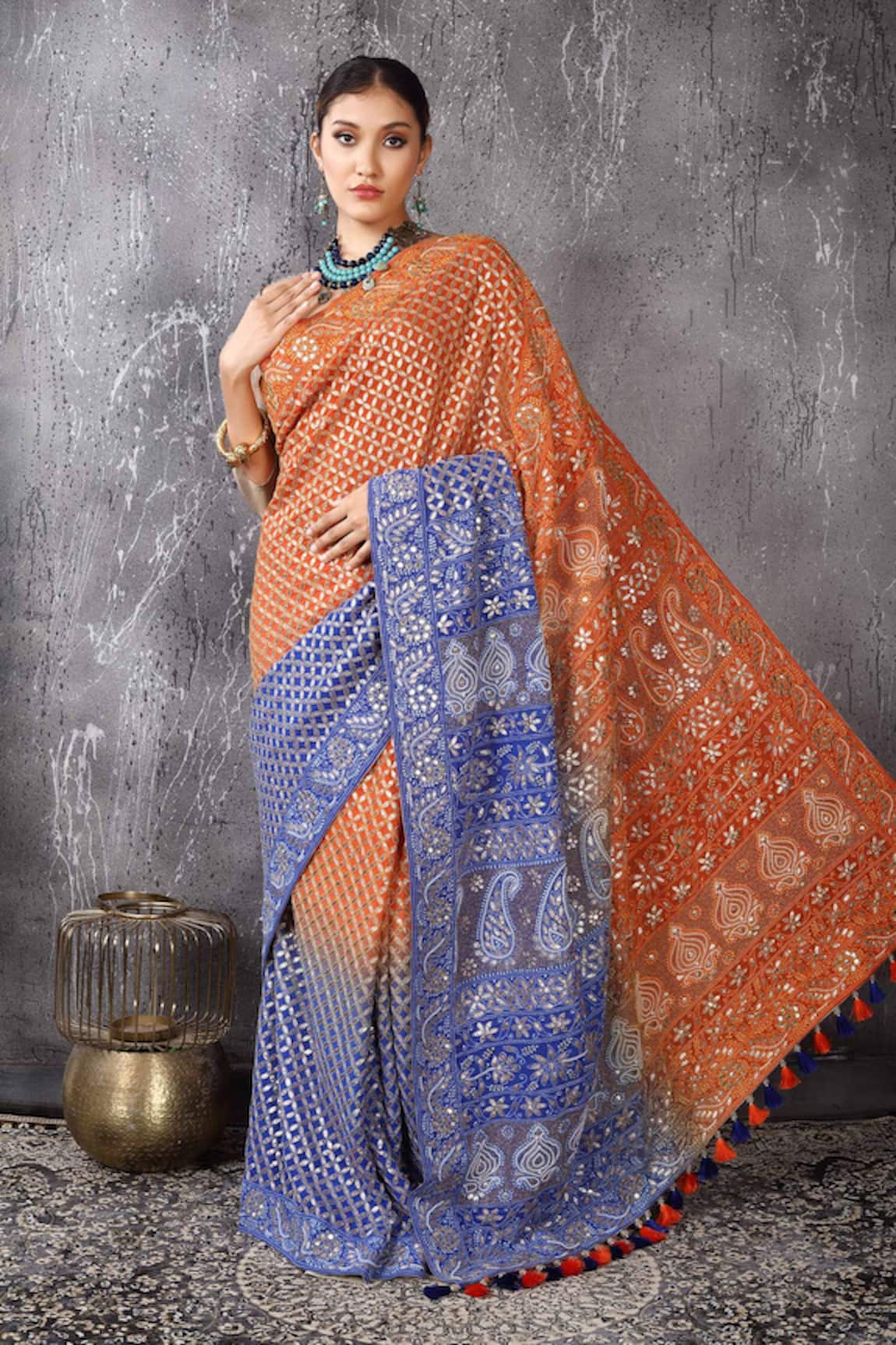 Anita Kanwal Designer Electric Blue Georgette Saree & Unstitched Blouse Piece Set 