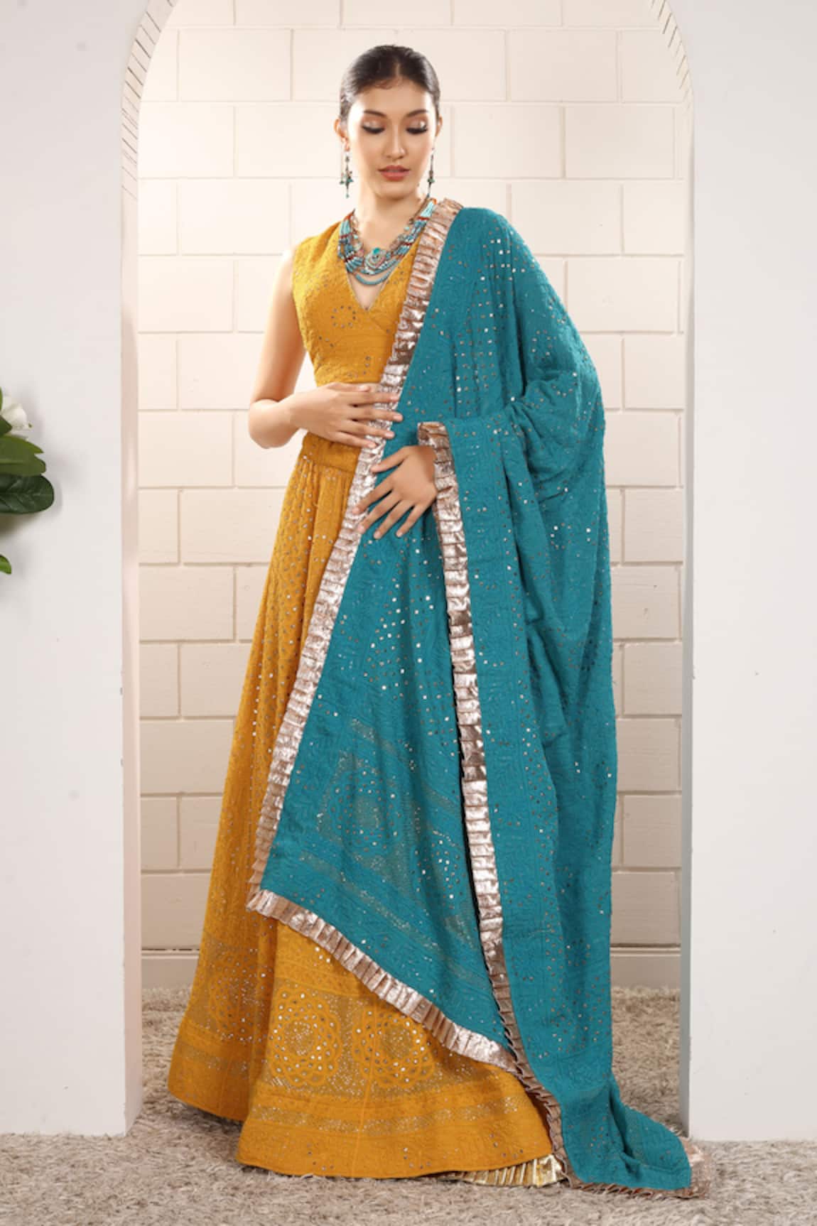 Anita Kanwal Mustard Yellow & Peacock Blue Lehenga Set 