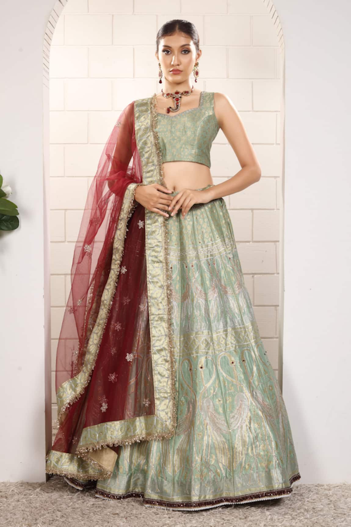 Anita Kanwal Mint Green & Maroon Designer Lehenga Set 