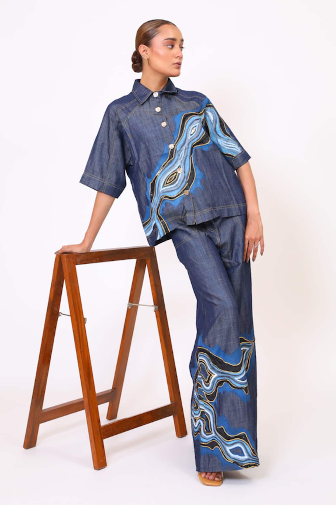 Baani Khurana Navy Blue Denim Shirt & Pant Set 