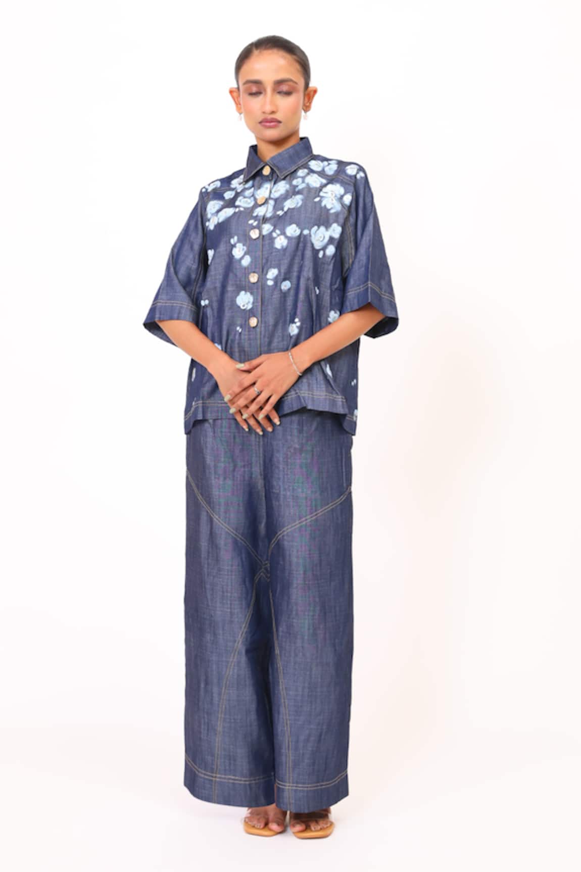 Baani Khurana Navy Blue Denim Shirt & Pant Set 