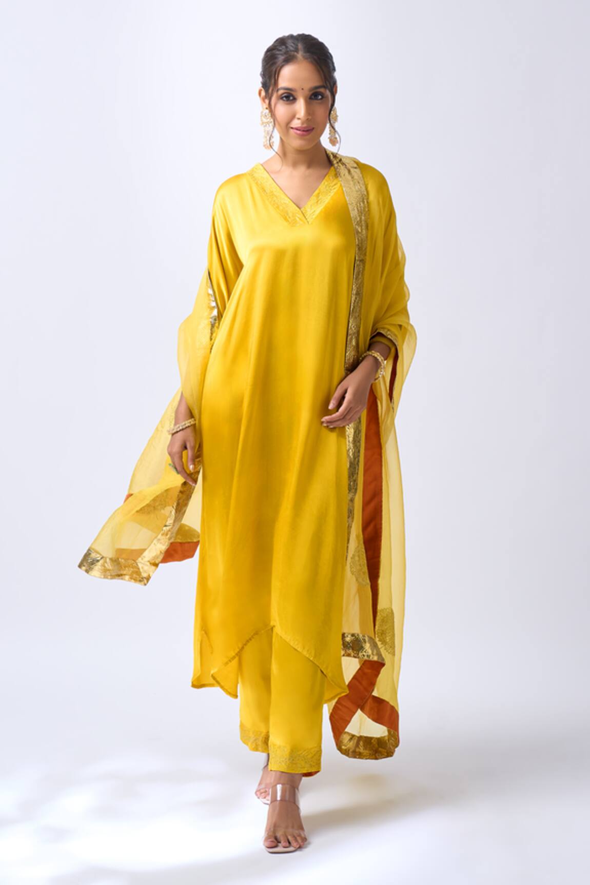 House Of Pink Mango Yellow Kaftan Pant Dupatta Set 