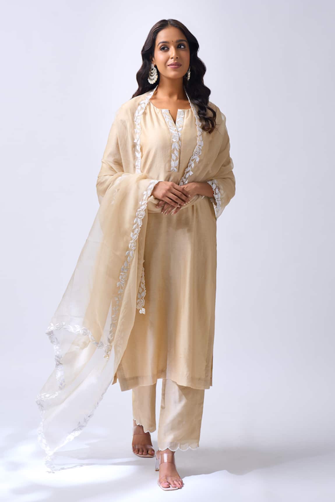 House Of Pink Beige Thread Embroidered Kurta Set 