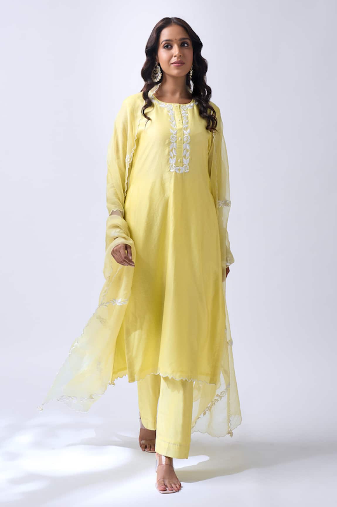 House Of Pink Baby Yellow Embroidered Kurta Pant Set 