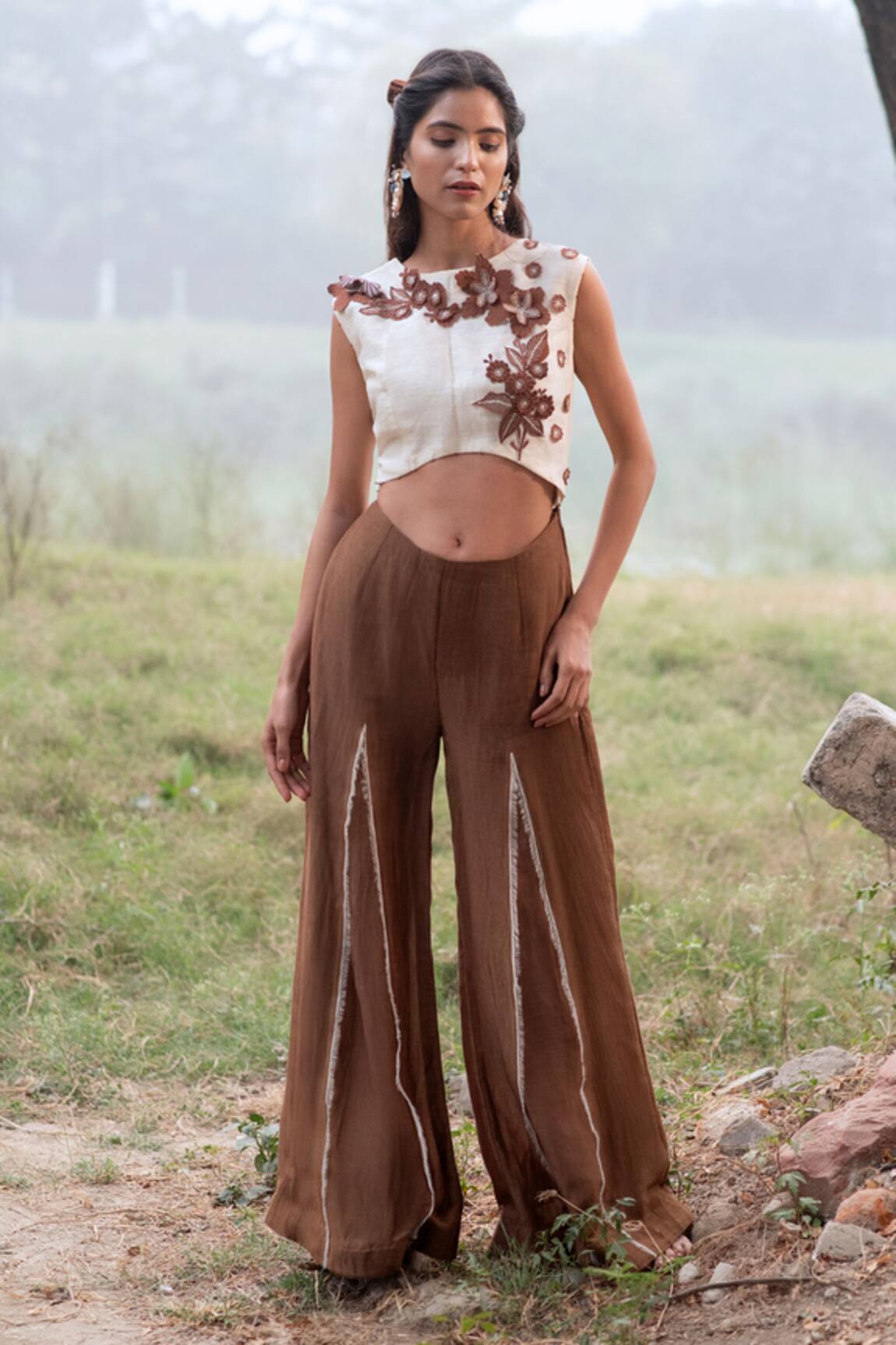Kushani Ivory & Mocha Brown Embroidered Jumpsuit 
