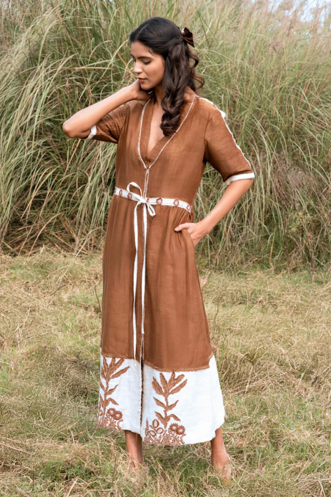 Kushani Mocha Brown Floral Embroidered Dress 