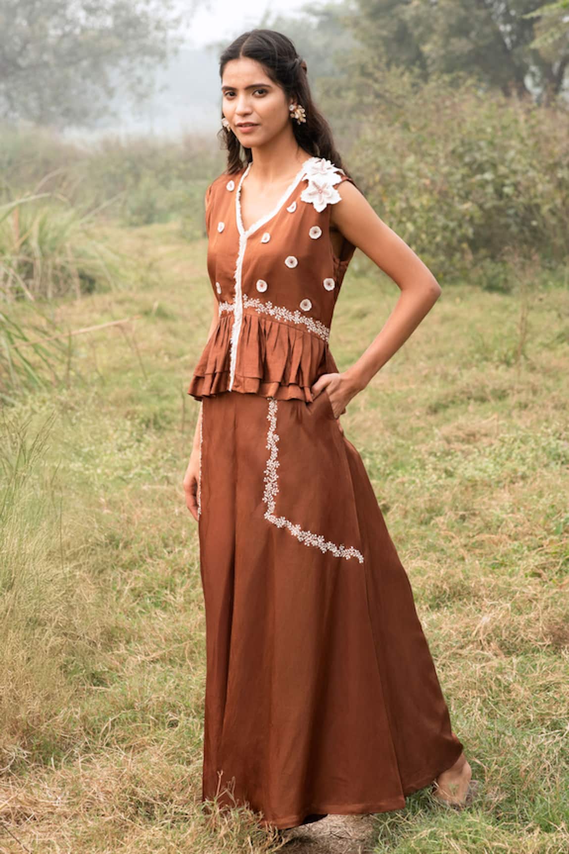 Kushani Mocha Brown Peplum Top & Palazzo Set 