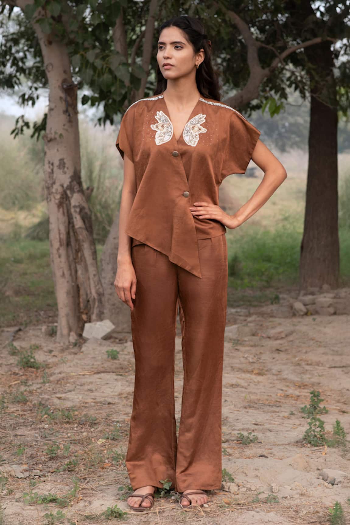 Kushani Mocha Brown Butterfly Wrap Top & Trousers 