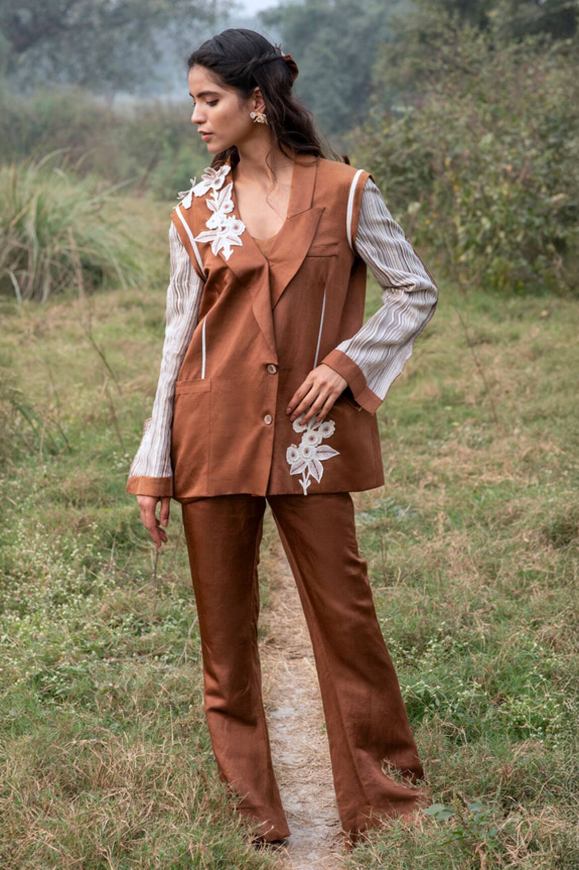 Kushani Mocha Brown Floral Embroidered Blazer Set 