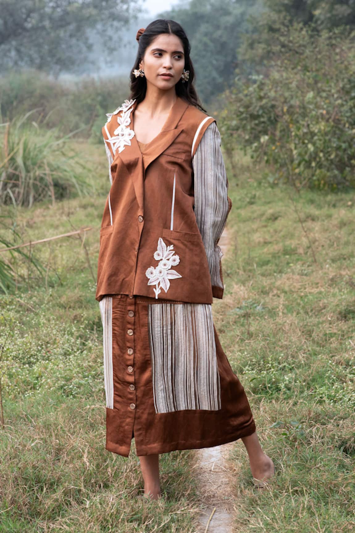 Kushani Mocha Brown Floral Embroidered Blazer & Skirt 